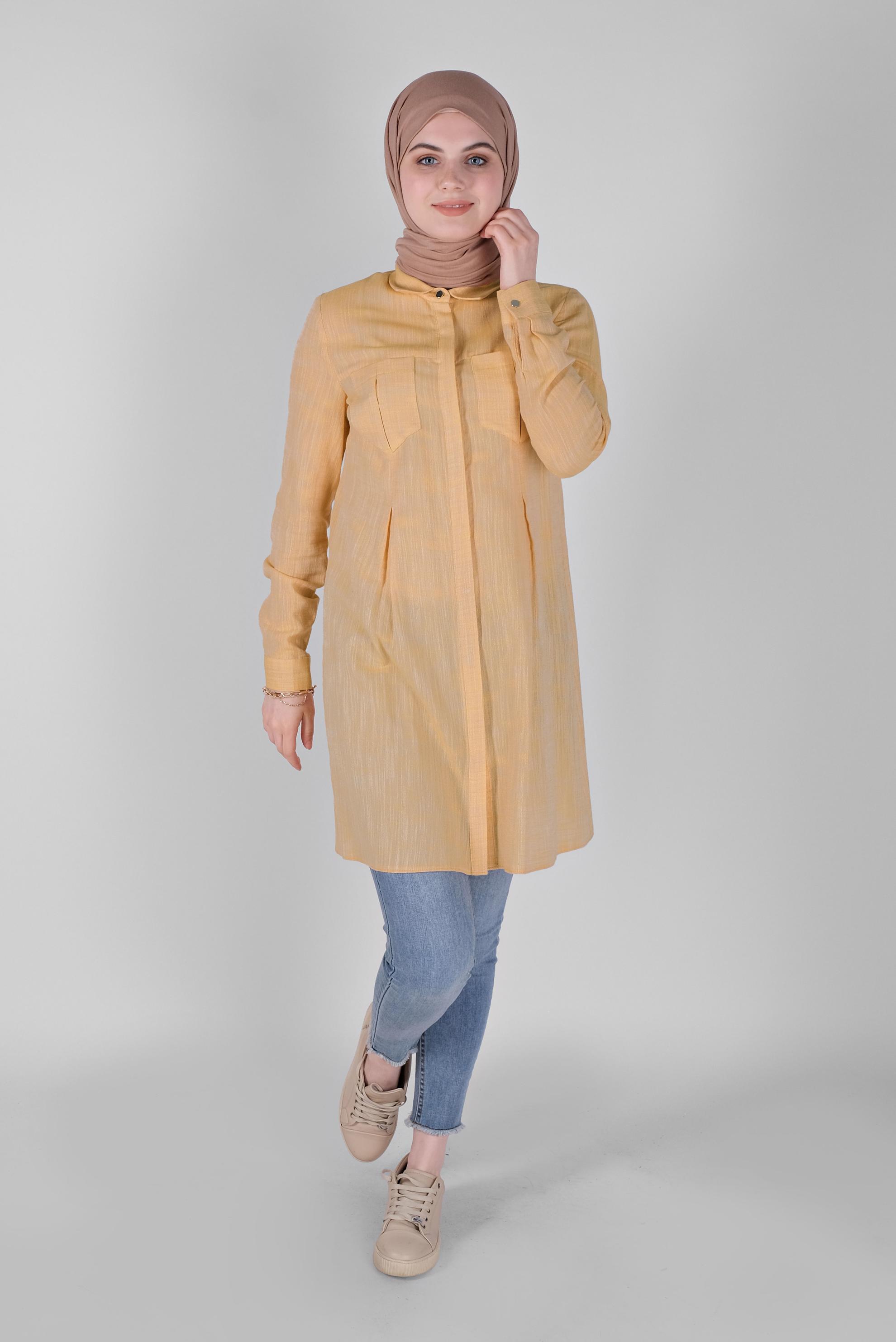 Tesettür giyim SARI PAMUKLU KIRÇILLI TUNİK 41491