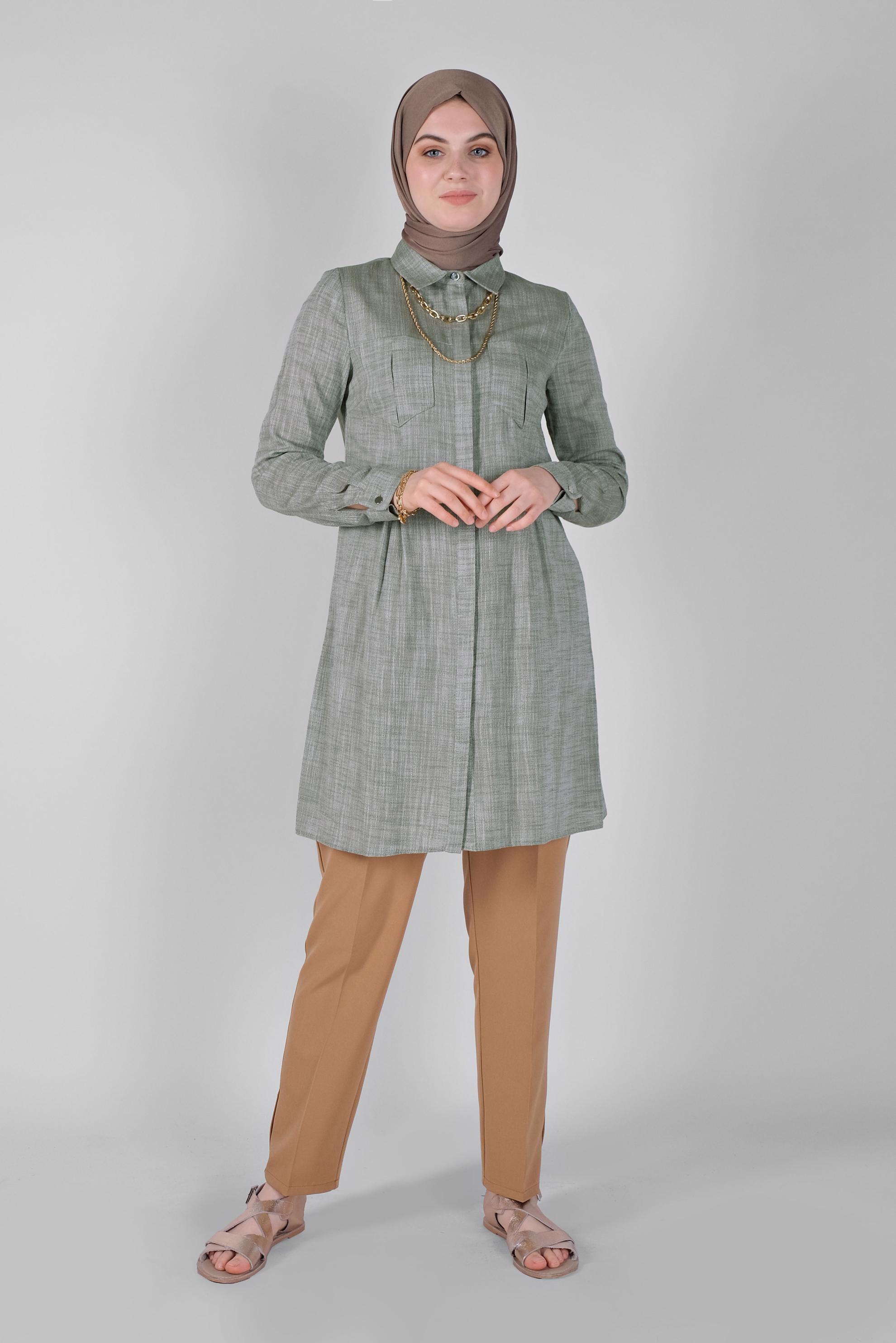 Tesettür giyim HAKİ PAMUKLU KIRÇILLI TUNİK 41491