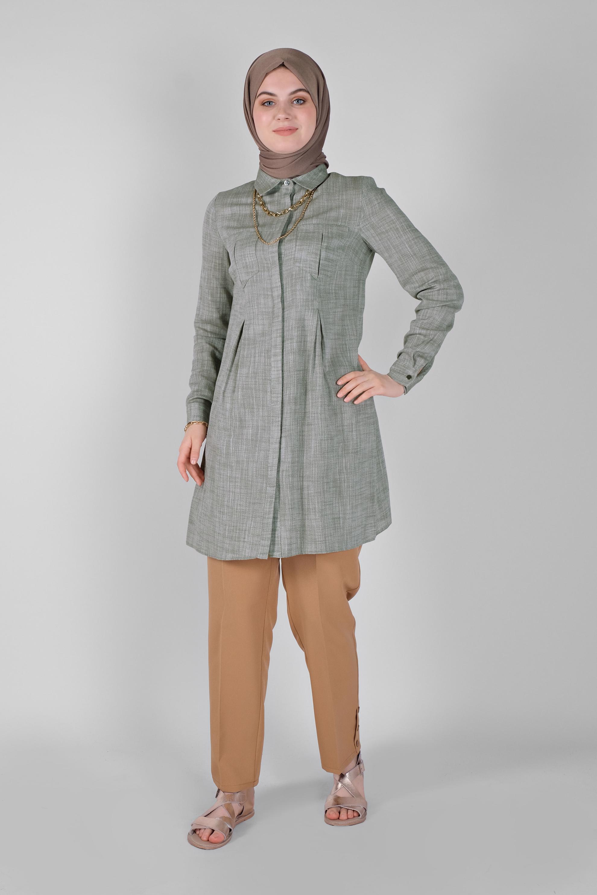 Tesettür giyim HAKİ PAMUKLU KIRÇILLI TUNİK 41491