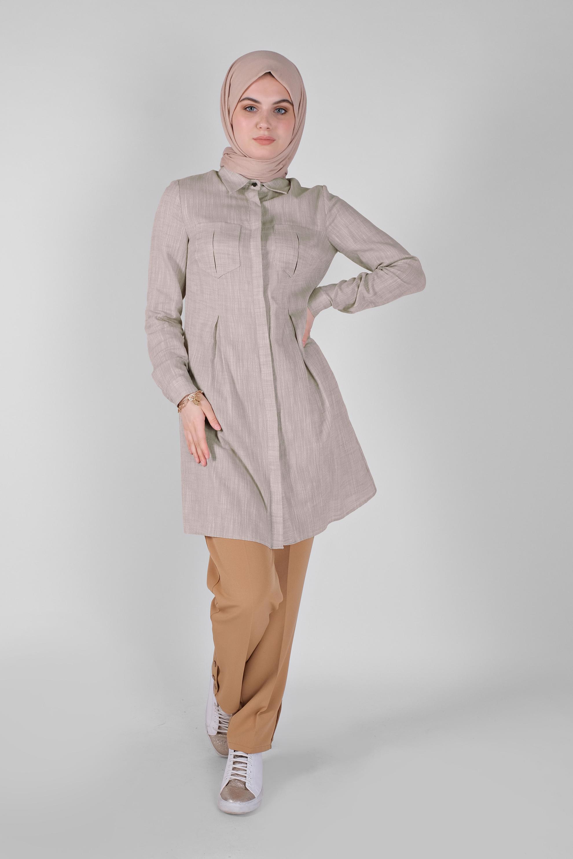 Tesettür giyim BEJ PAMUKLU KIRÇILLI TUNİK 41491