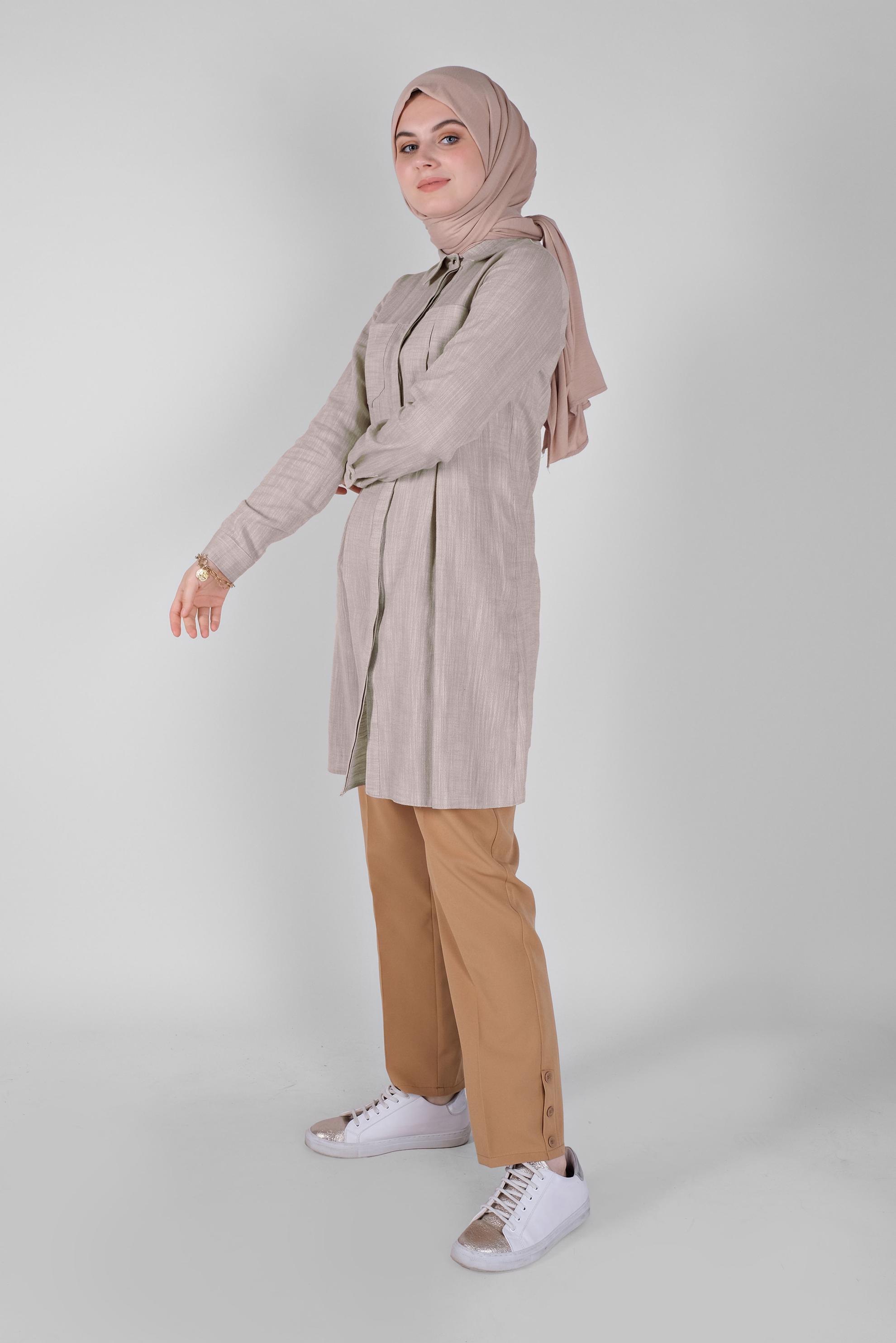 Tesettür giyim BEJ PAMUKLU KIRÇILLI TUNİK 41491