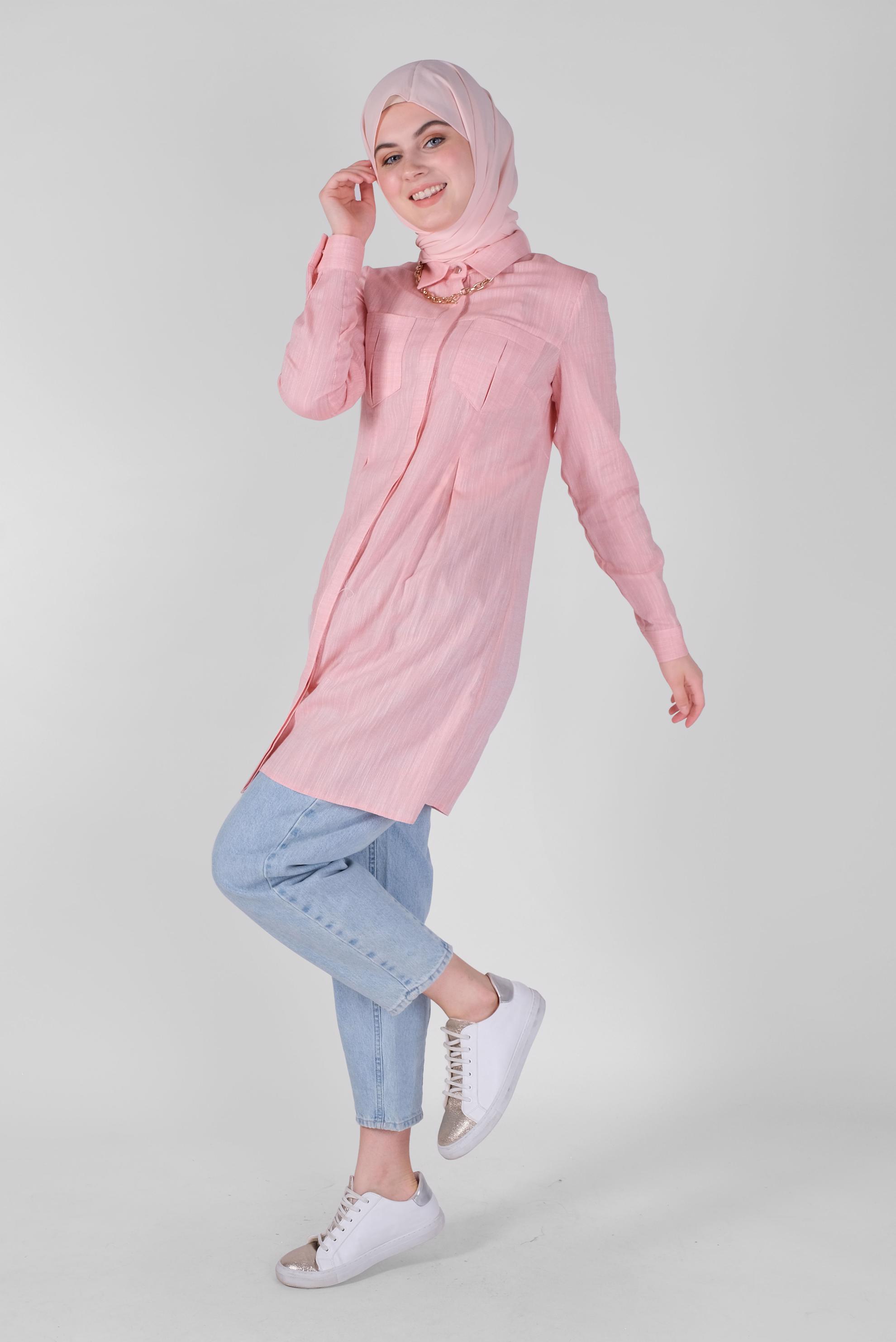 Tesettür giyim PUDRA PAMUKLU KIRÇILLI TUNİK 41491