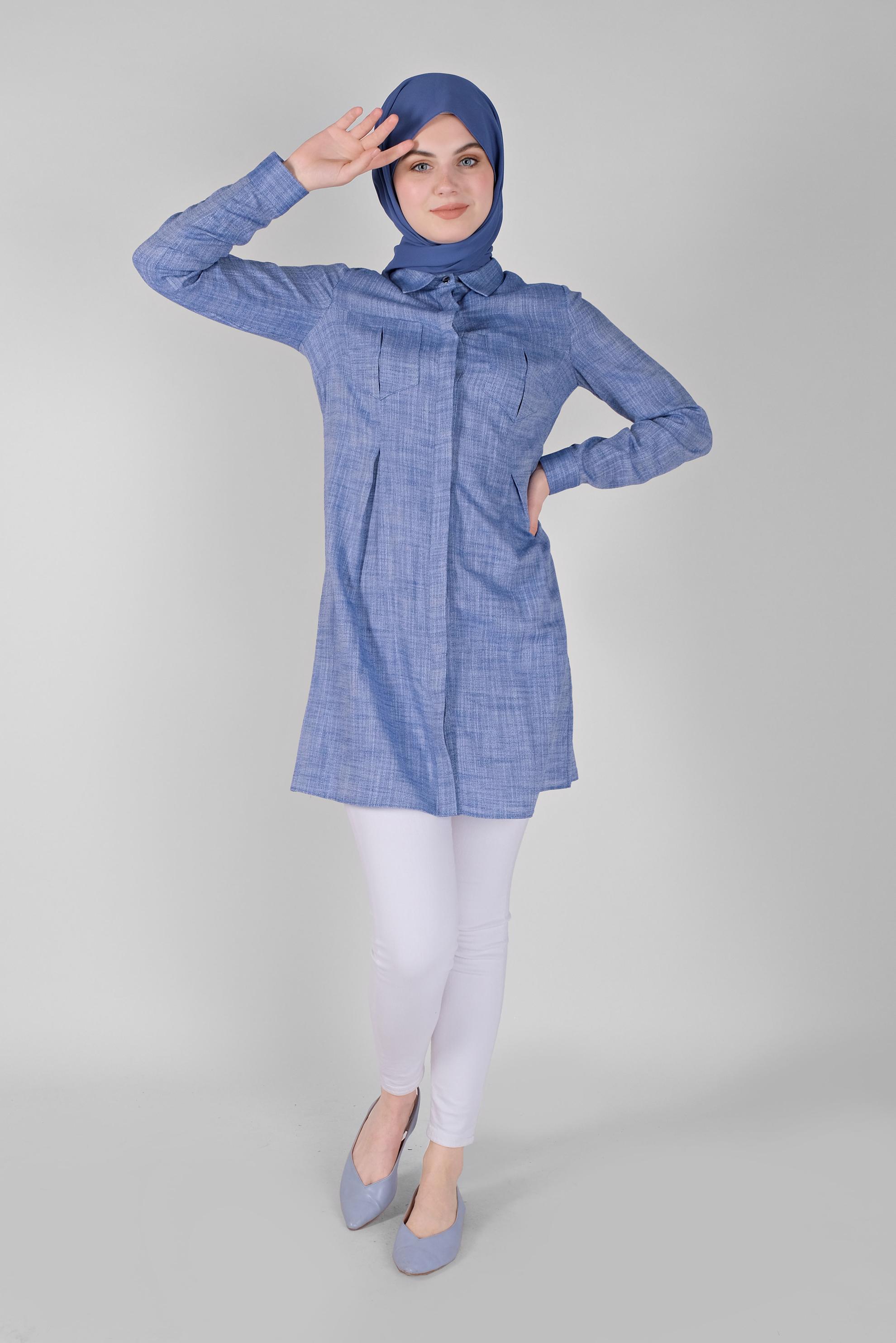 Tesettür giyim LACİVERT PAMUKLU KIRÇILLI TUNİK 41491