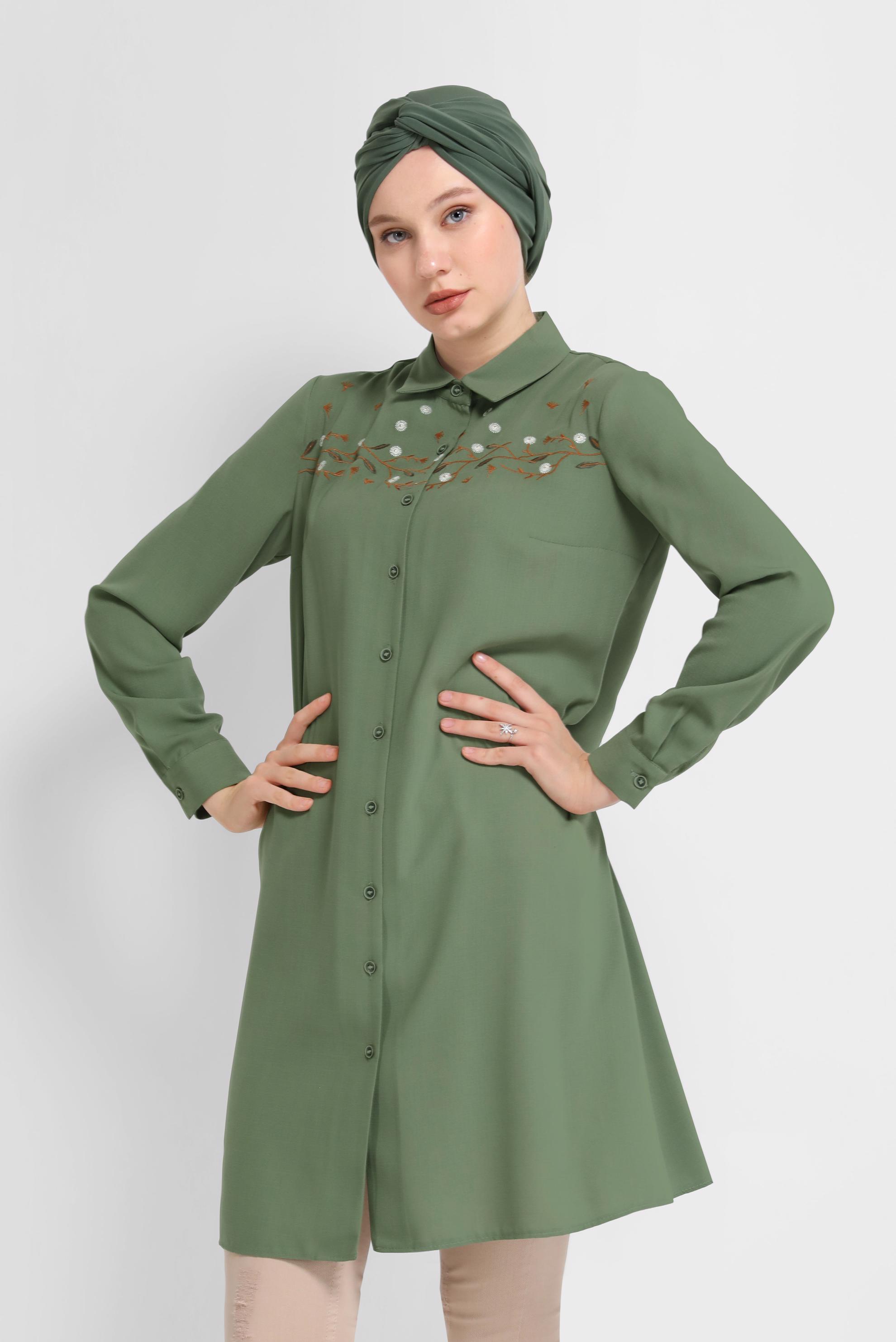 Tesettür giyim HAKİ ÇİÇEK İŞLEMELİ DÜĞMELİ TUNİK 41493 