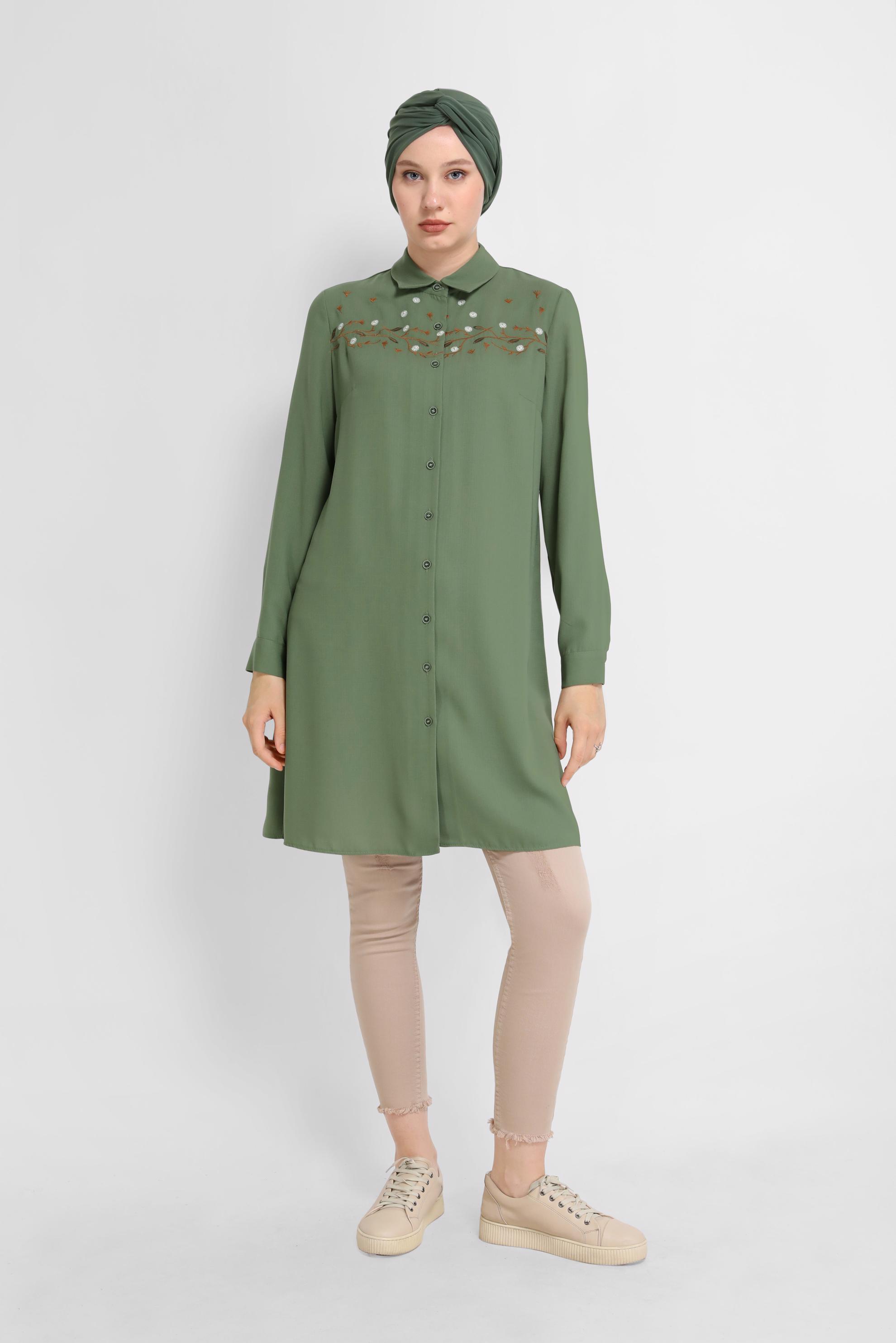 Tesettür giyim HAKİ ÇİÇEK İŞLEMELİ DÜĞMELİ TUNİK 41493 