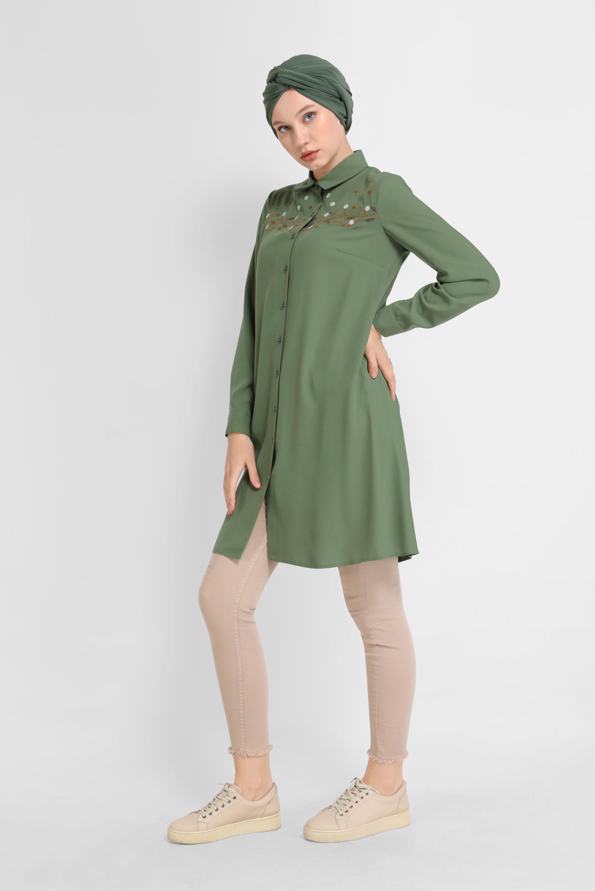 Tesettür giyim HAKİ ÇİÇEK İŞLEMELİ DÜĞMELİ TUNİK 41493 