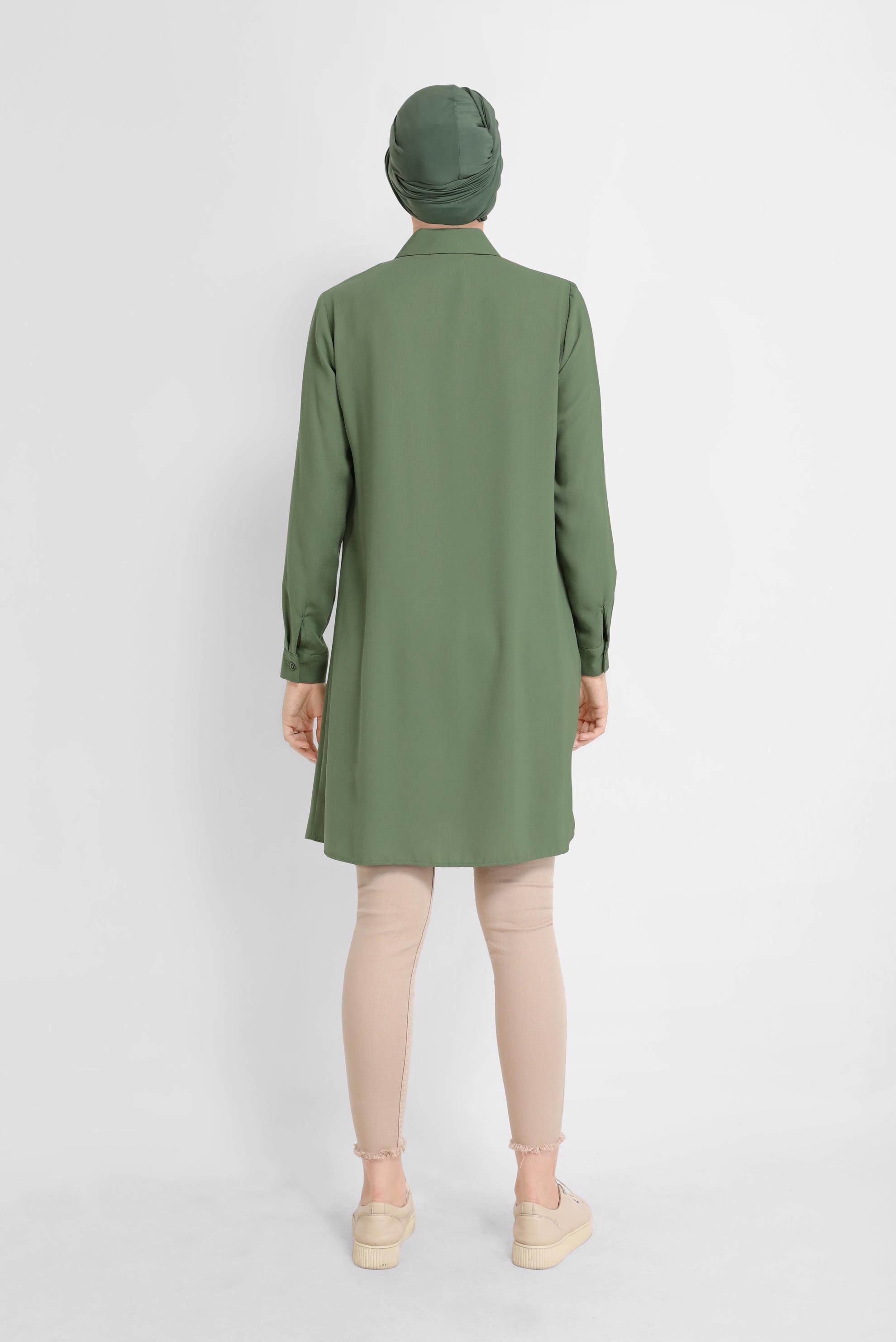 Tesettür giyim HAKİ ÇİÇEK İŞLEMELİ DÜĞMELİ TUNİK 41493 