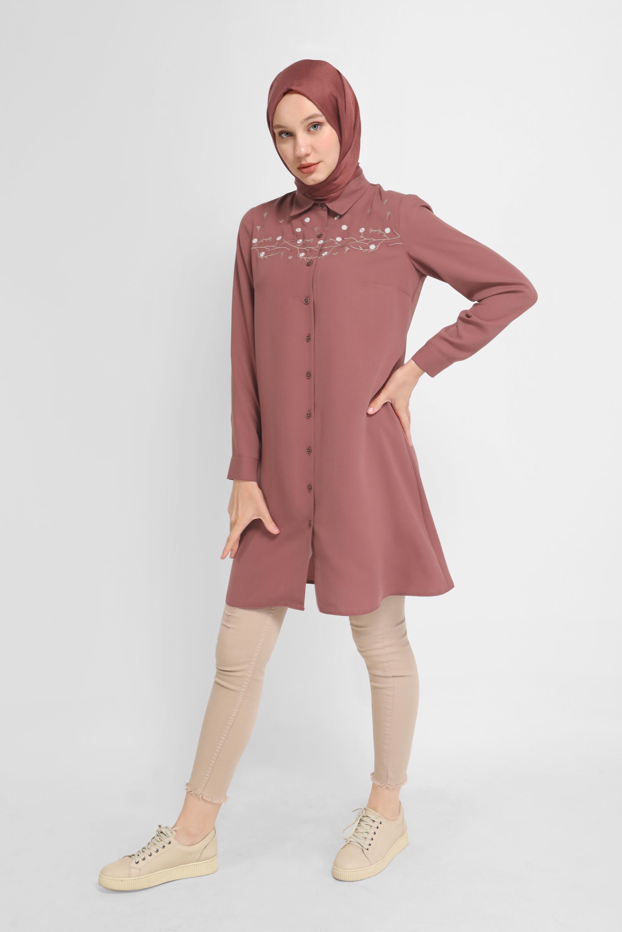 Tesettür giyim TURUNCU ÇİÇEK İŞLEMELİ DÜĞMELİ TUNİK 41493 