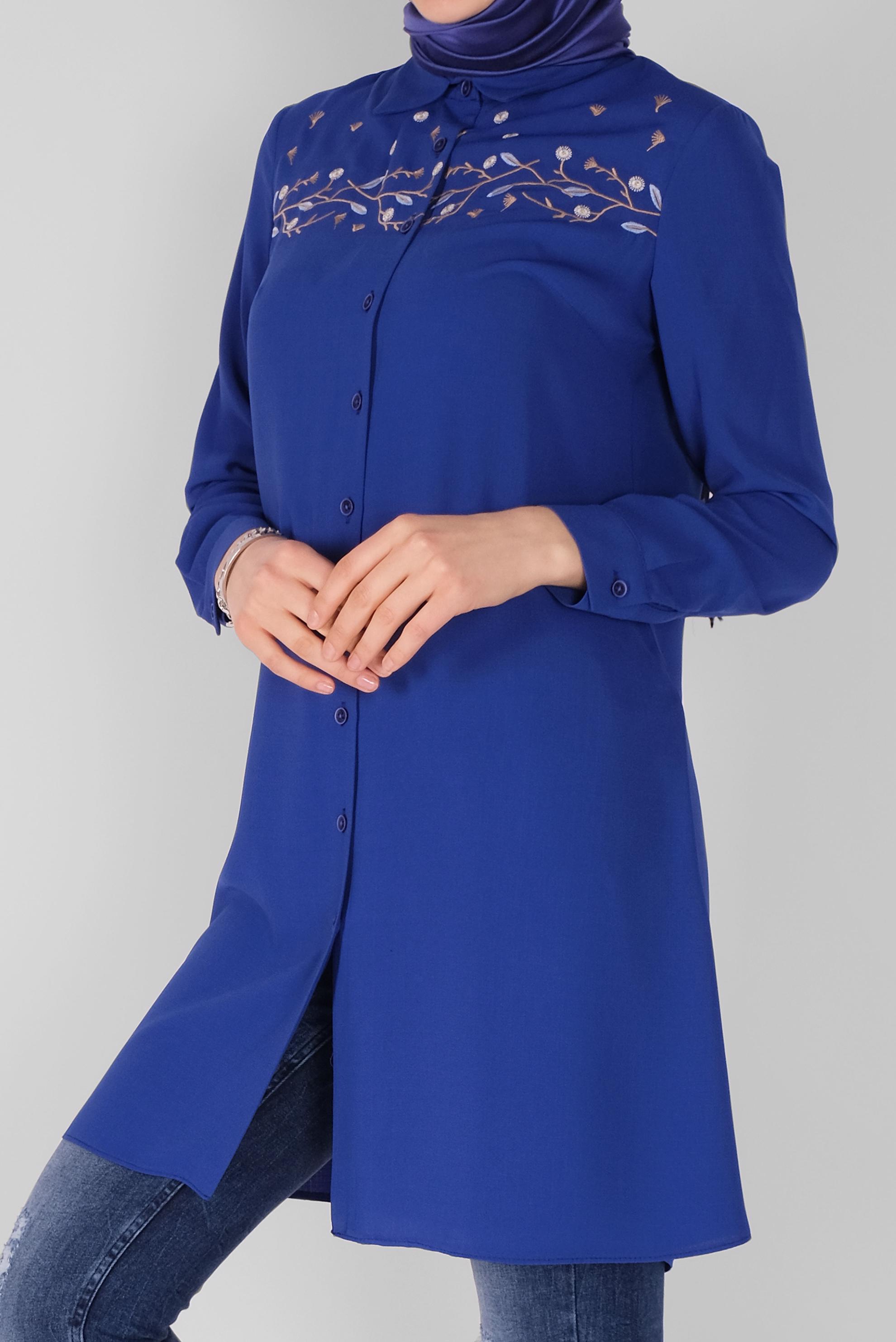 Tesettür giyim LACİVERT ÇİÇEK İŞLEMELİ DÜĞMELİ TUNİK 41493 