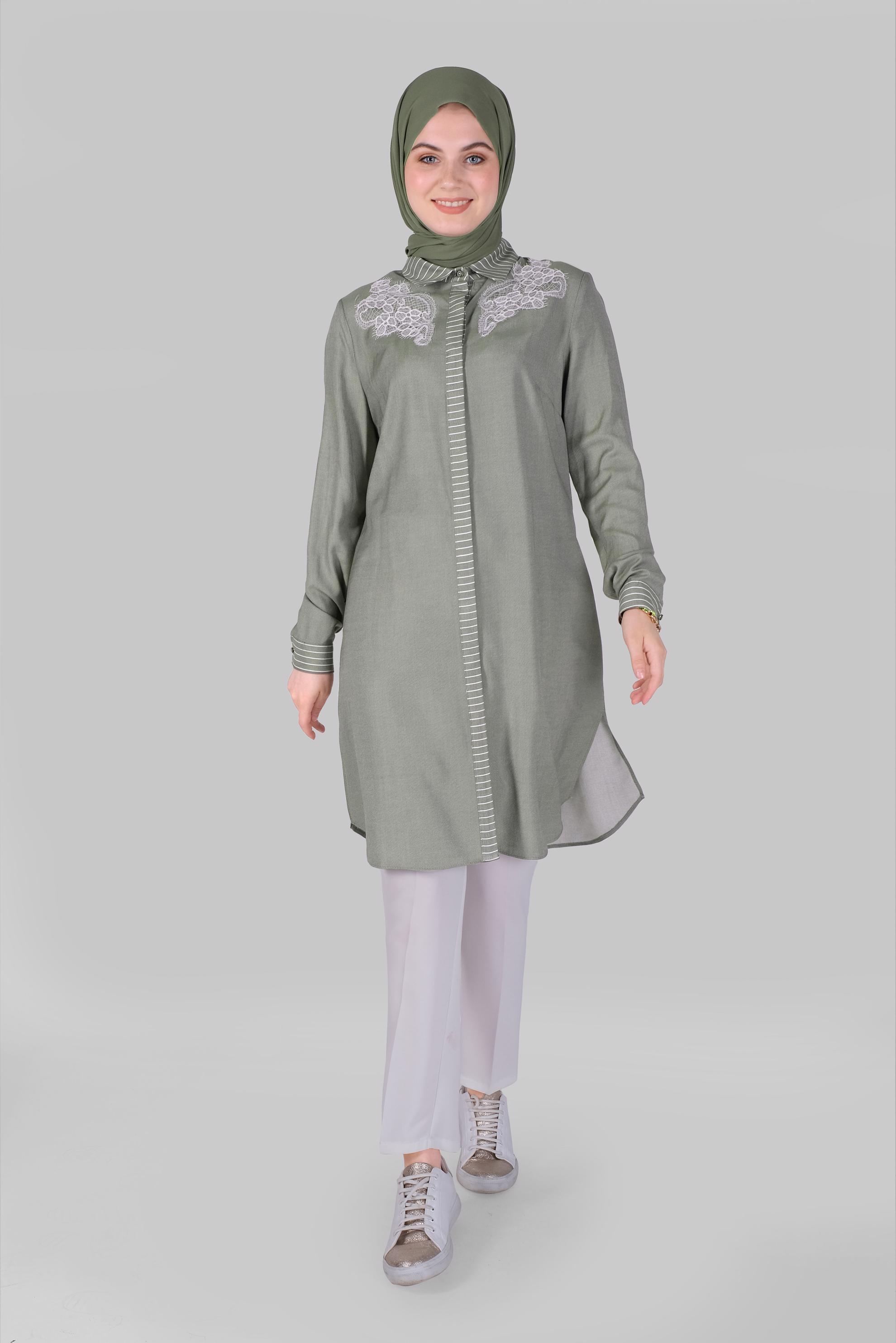 Tesettür giyim HAKİ DANTELLİ DÜĞMELİ TUNİK 41494 