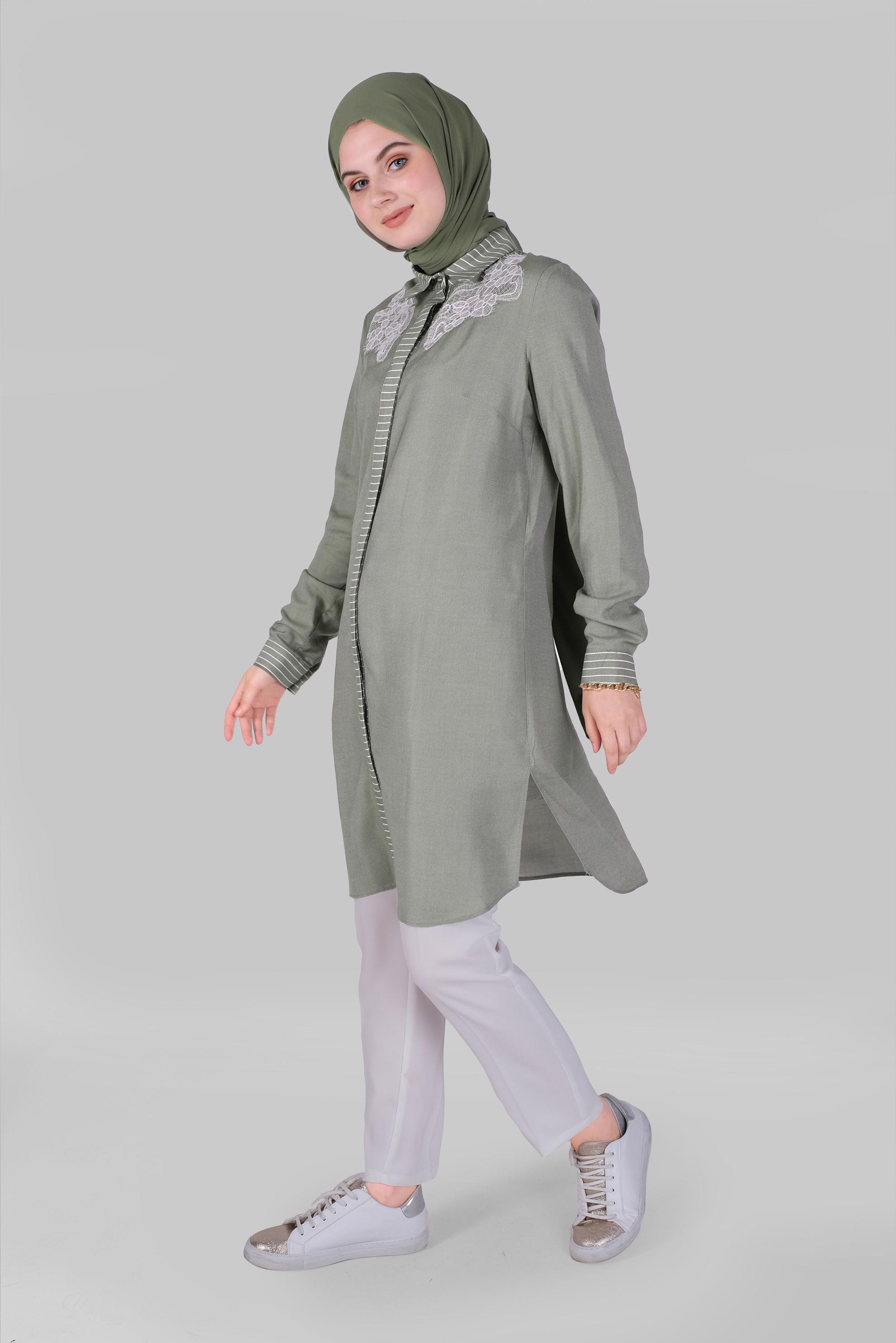 Tesettür giyim HAKİ DANTELLİ DÜĞMELİ TUNİK 41494 