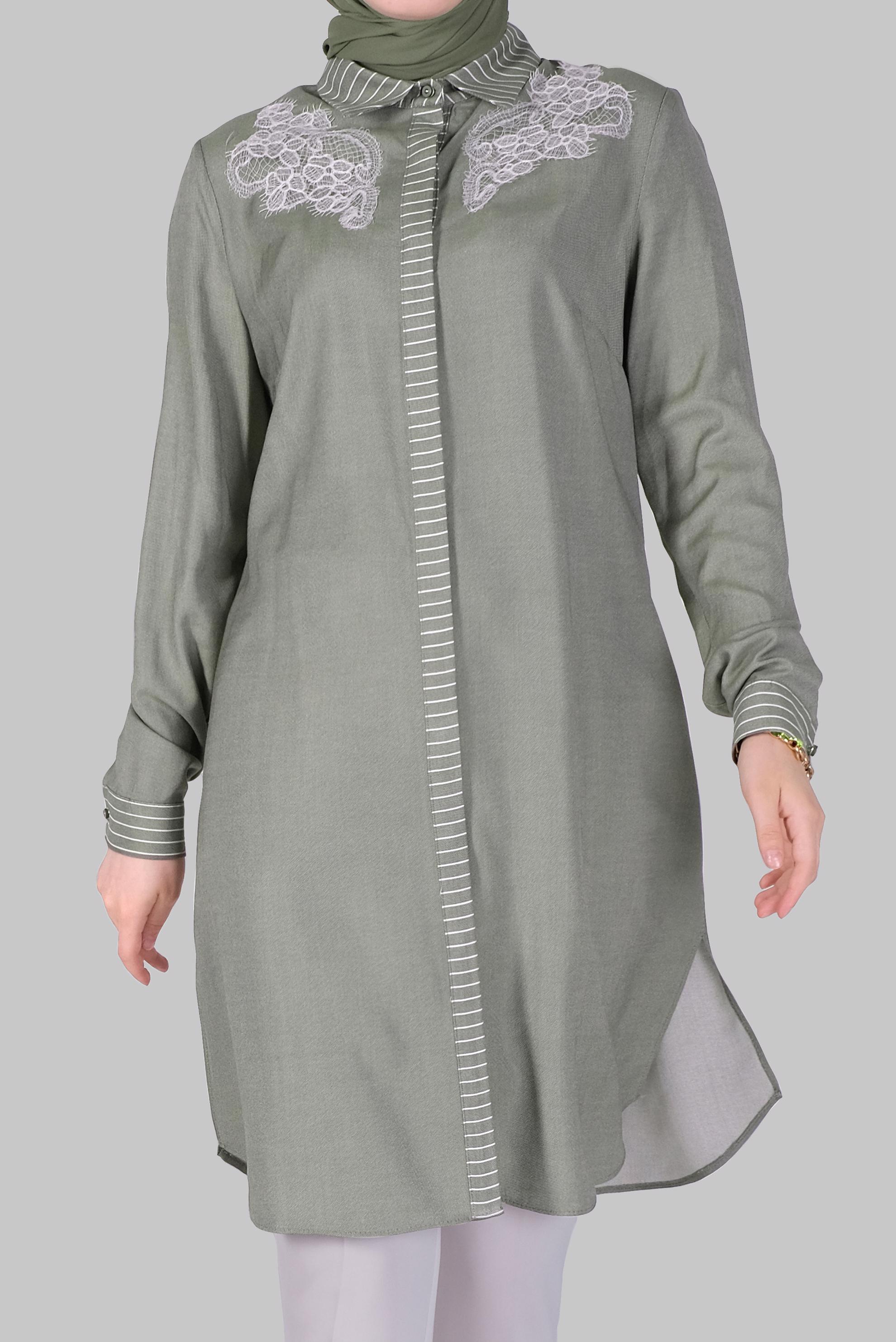 Tesettür giyim HAKİ DANTELLİ DÜĞMELİ TUNİK 41494 