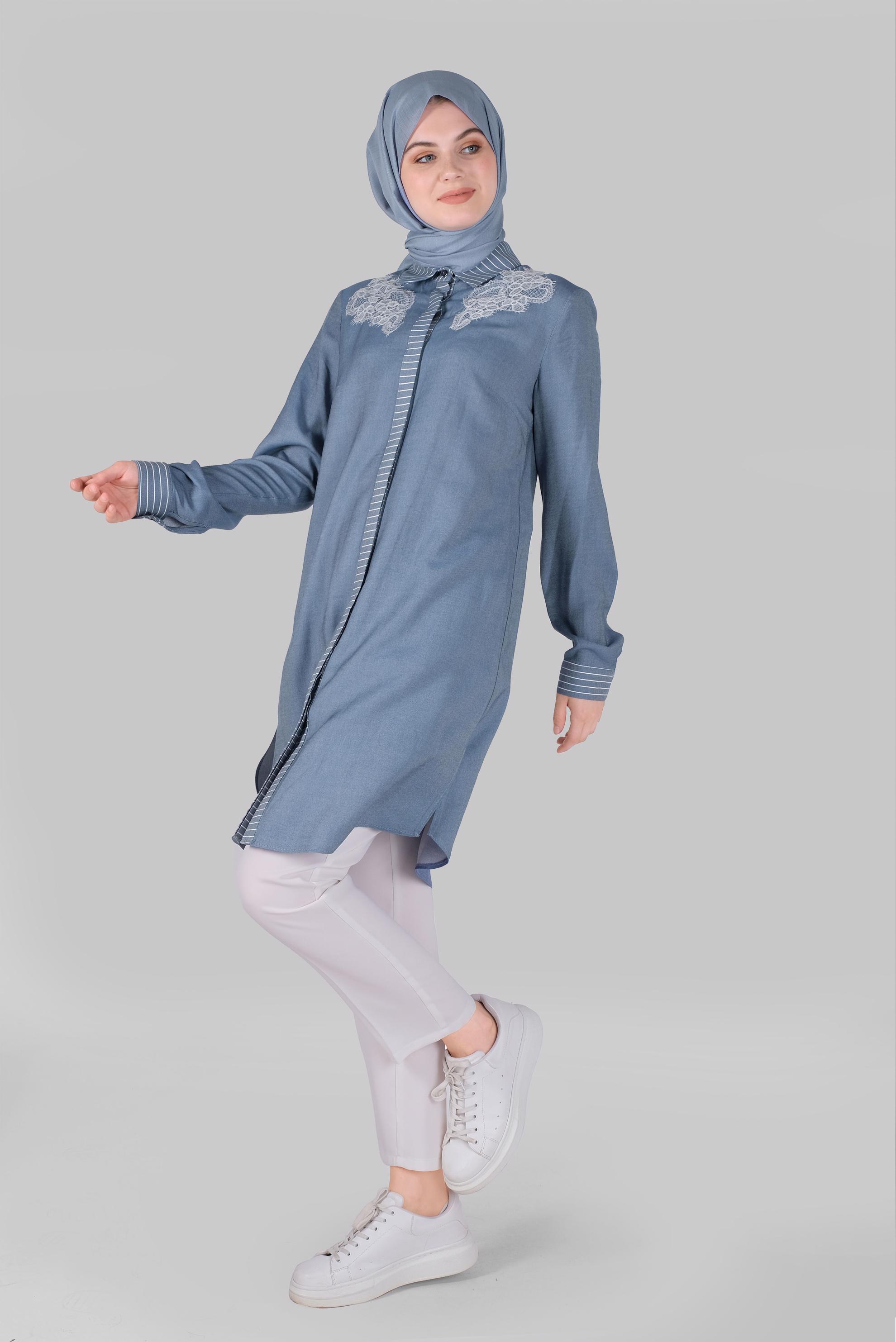 Tesettür giyim LACİVERT DANTELLİ DÜĞMELİ TUNİK 41494 