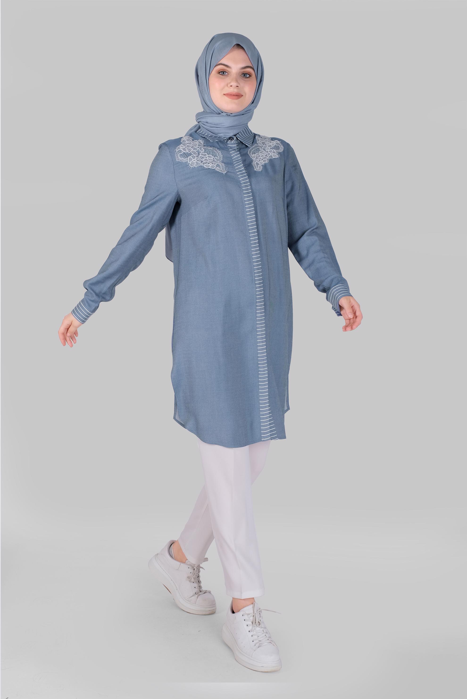 Tesettür giyim LACİVERT DANTELLİ DÜĞMELİ TUNİK 41494 