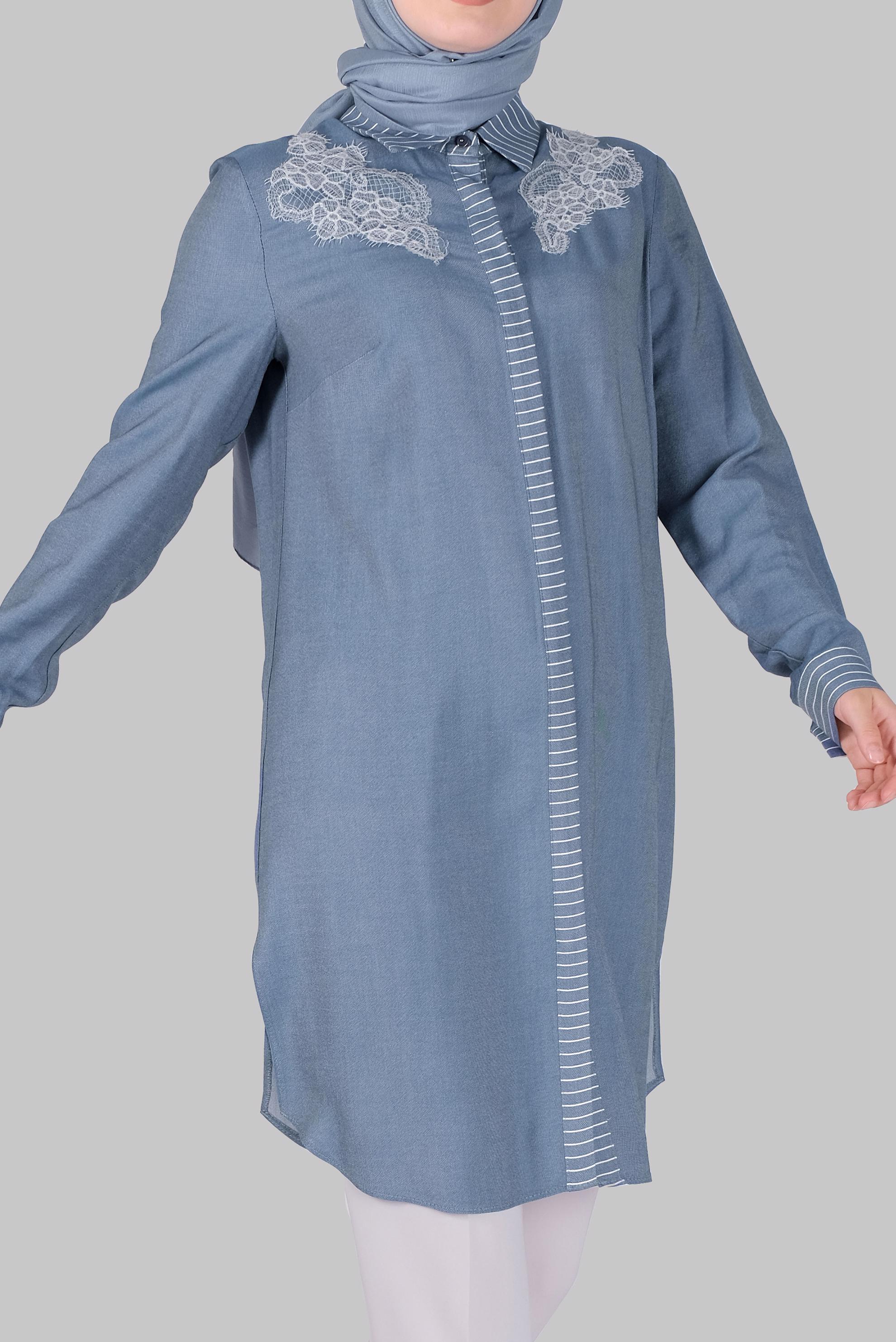 Tesettür giyim LACİVERT DANTELLİ DÜĞMELİ TUNİK 41494 