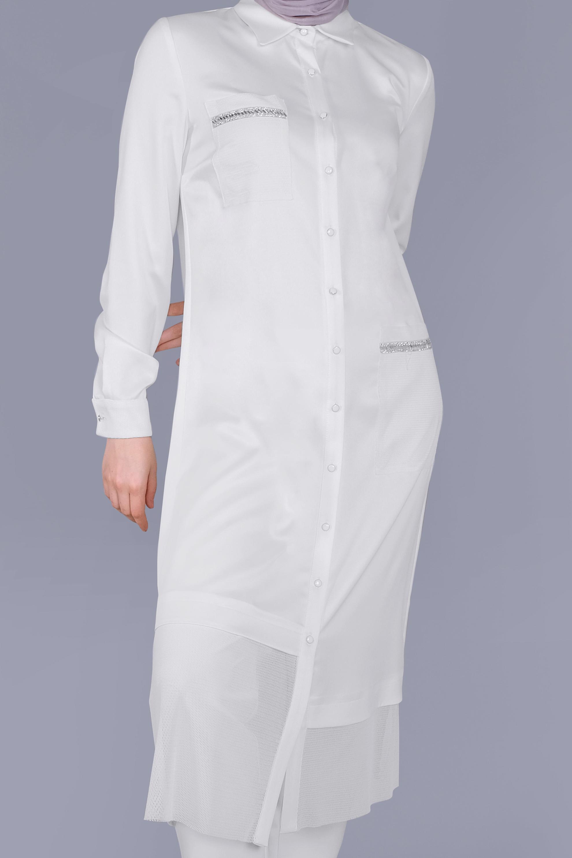 Tesettür giyim BEYAZ BOYDAN DÜĞMELİ SATEN TUNİK  41497 