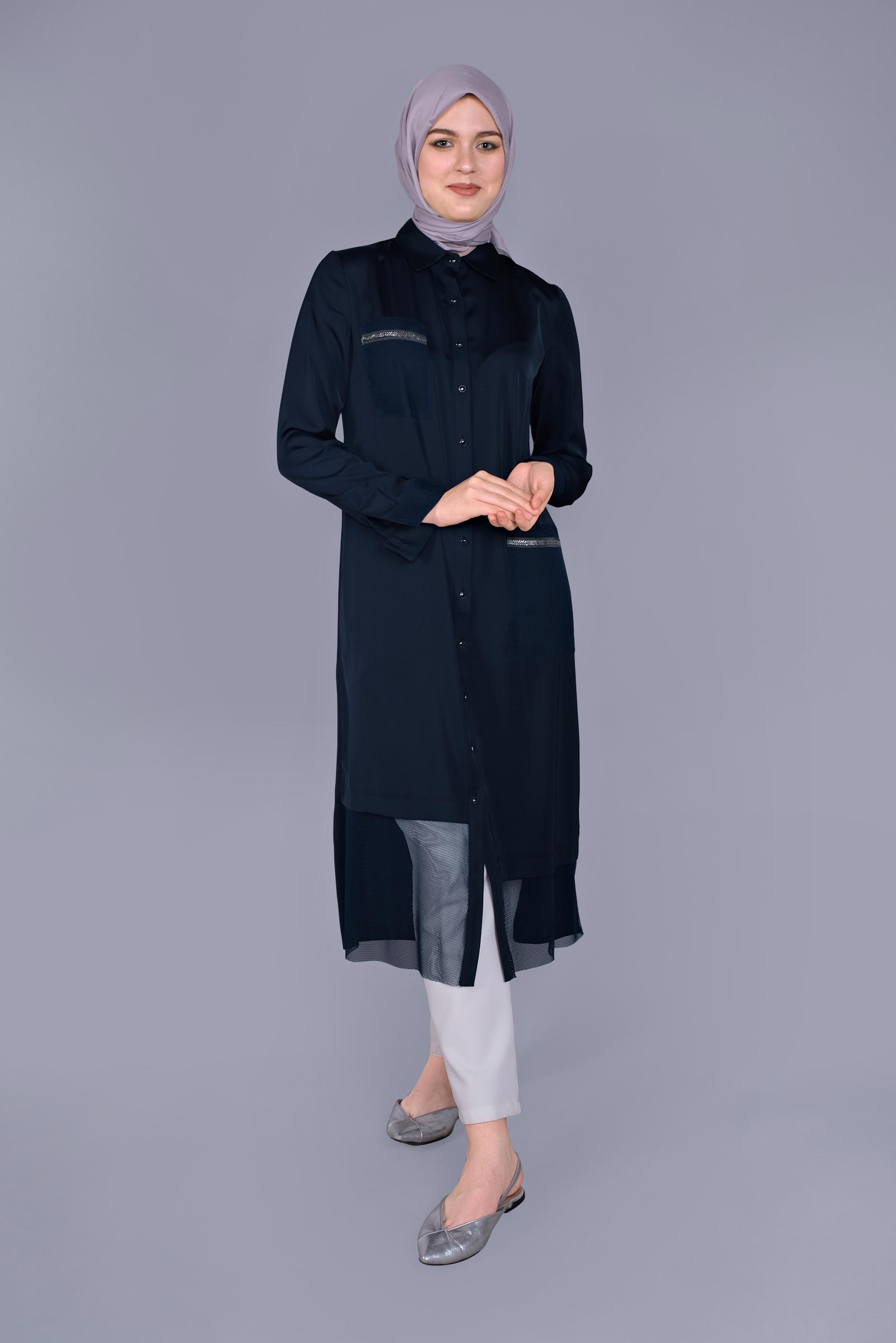 Tesettür giyim LACİVERT BOYDAN DÜĞMELİ SATEN TUNİK  41497 