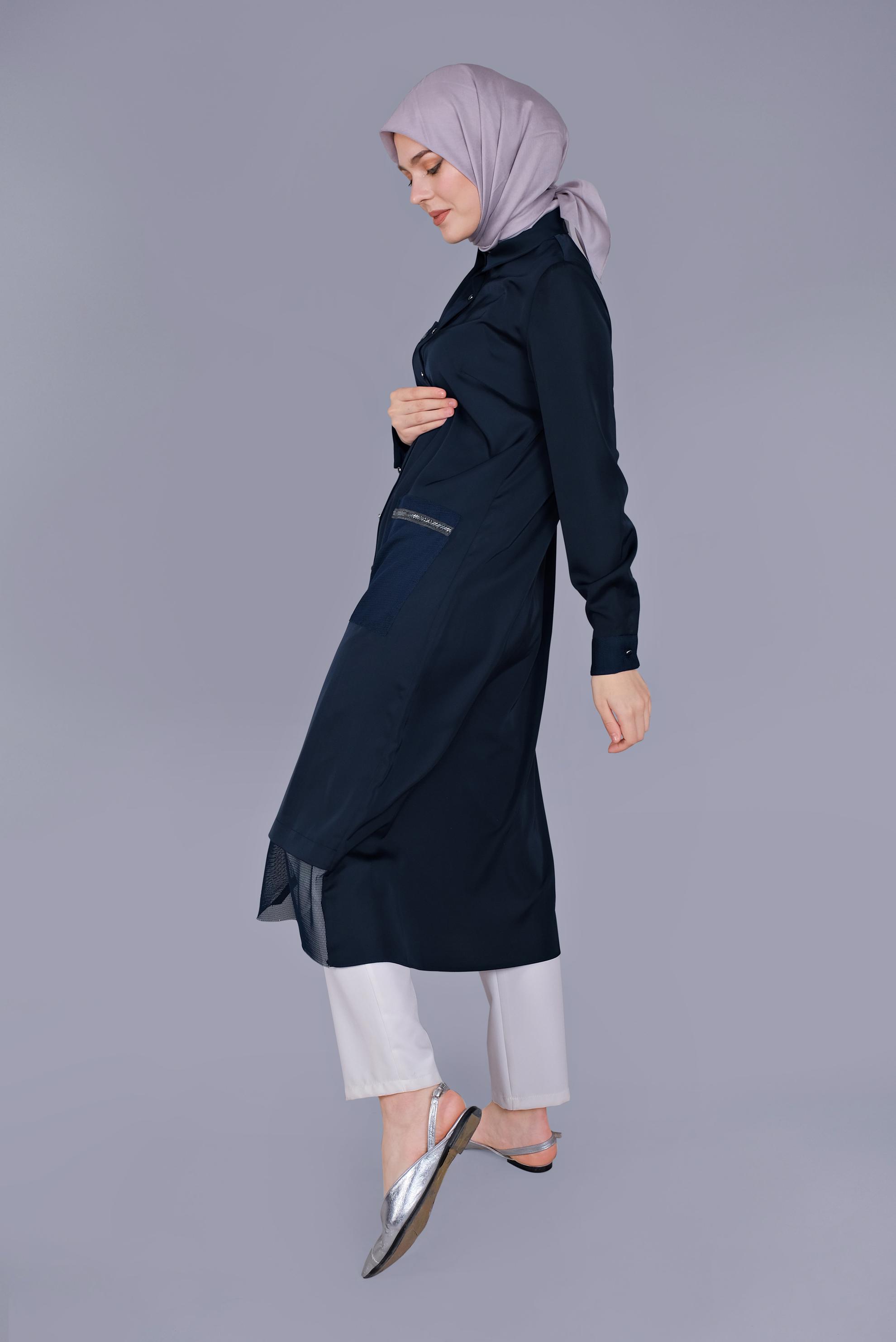 Tesettür giyim LACİVERT BOYDAN DÜĞMELİ SATEN TUNİK  41497 