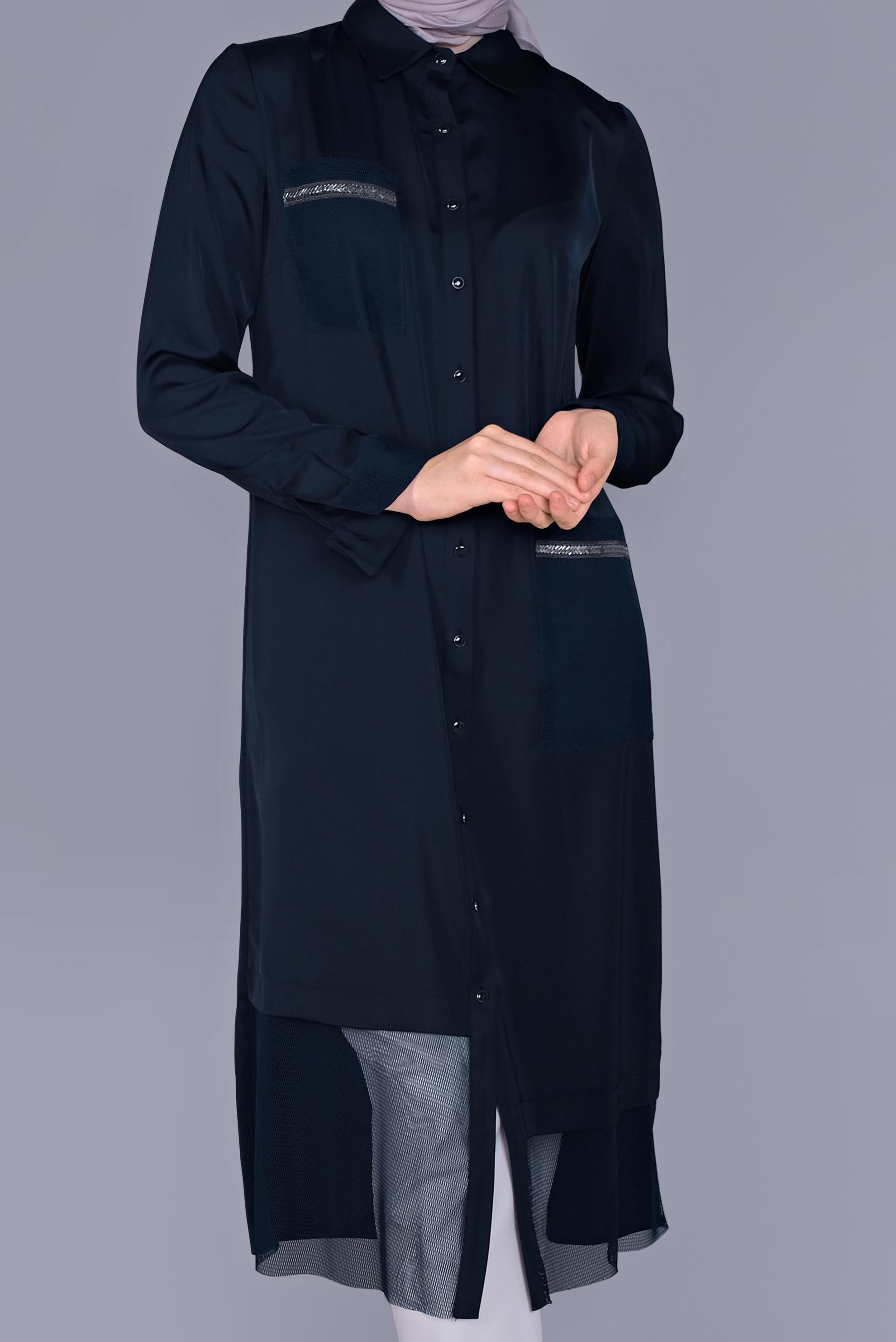 Tesettür giyim LACİVERT BOYDAN DÜĞMELİ SATEN TUNİK  41497 