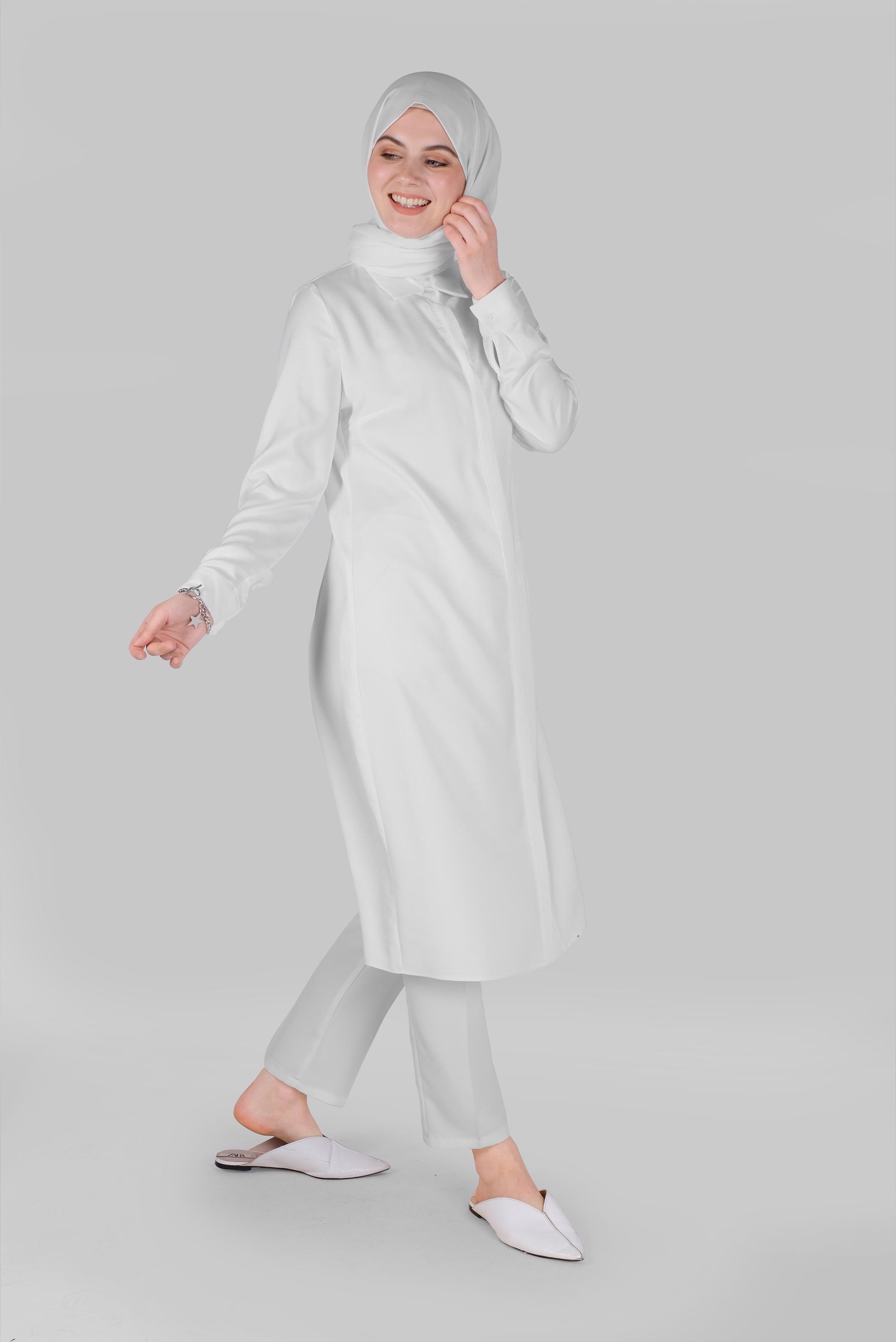 Tesettür giyim BEYAZ FİLE DETAYLI TAŞLI DÜĞMELİ TUNİK 41498  