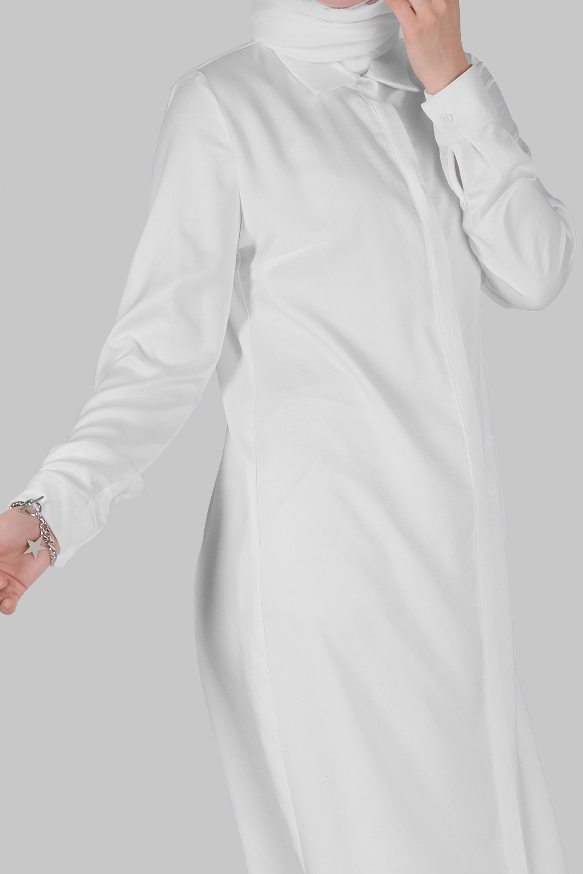 Tesettür giyim BEYAZ FİLE DETAYLI TAŞLI DÜĞMELİ TUNİK 41498  