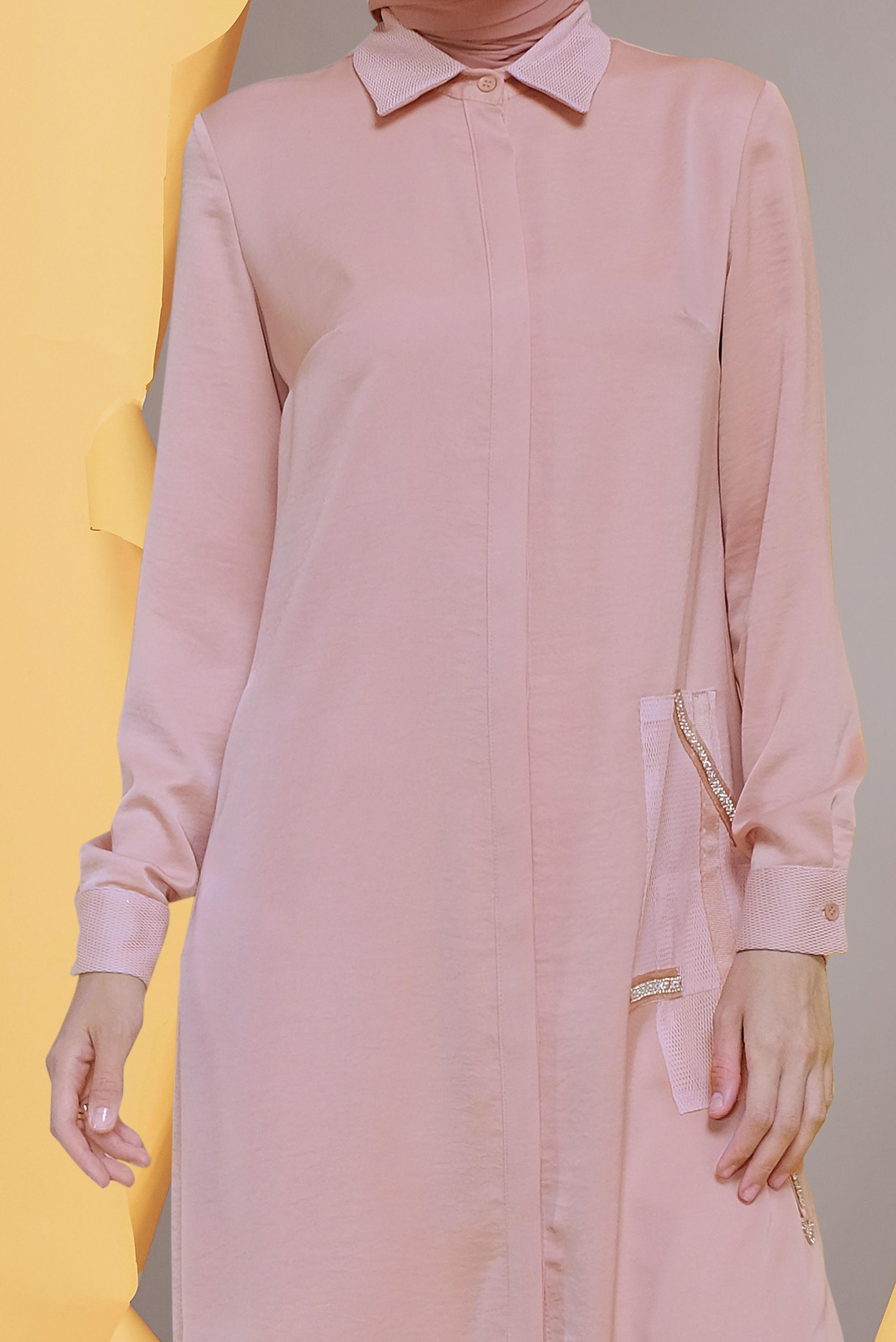 Tesettür giyim PUDRA FİLE DETAYLI TAŞLI DÜĞMELİ TUNİK 41498  