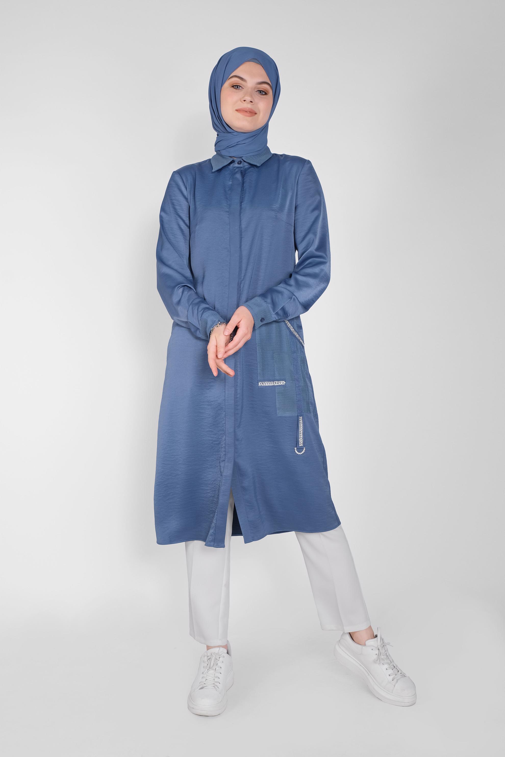 Tesettür giyim LACİVERT FİLE DETAYLI TAŞLI DÜĞMELİ TUNİK 41498  