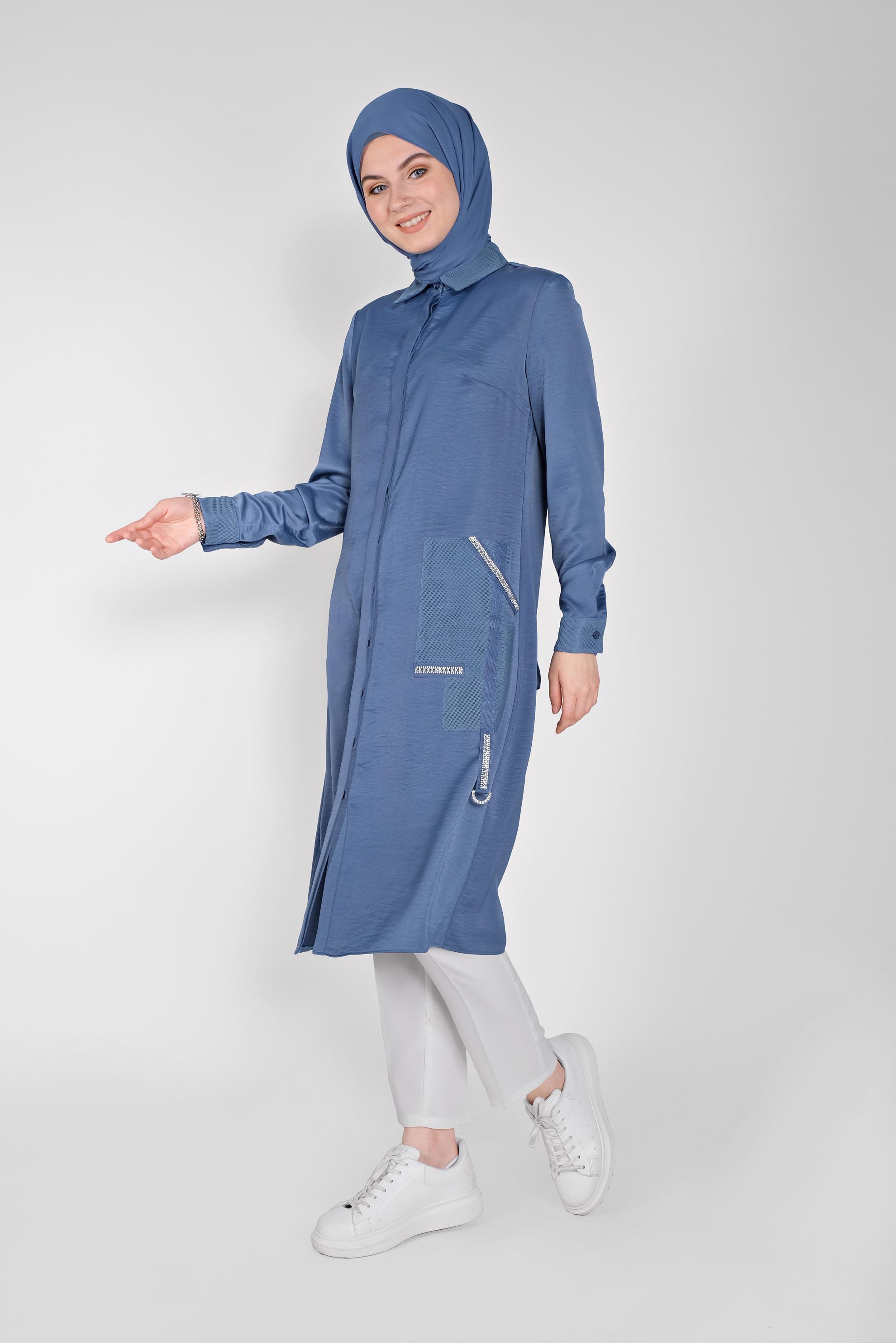 Tesettür giyim LACİVERT FİLE DETAYLI TAŞLI DÜĞMELİ TUNİK 41498  