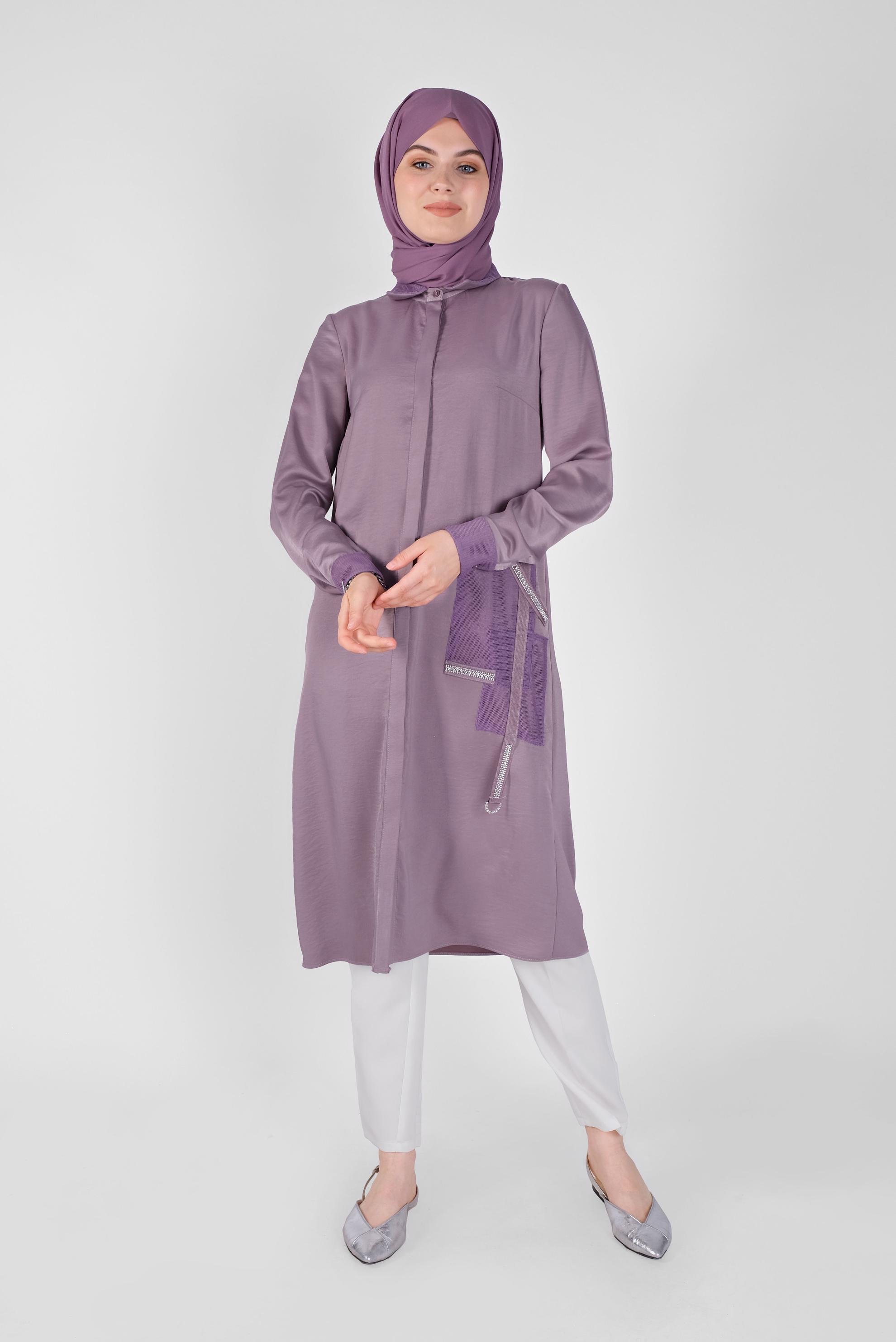 Tesettür giyim MOR FİLE DETAYLI TAŞLI DÜĞMELİ TUNİK 41498  
