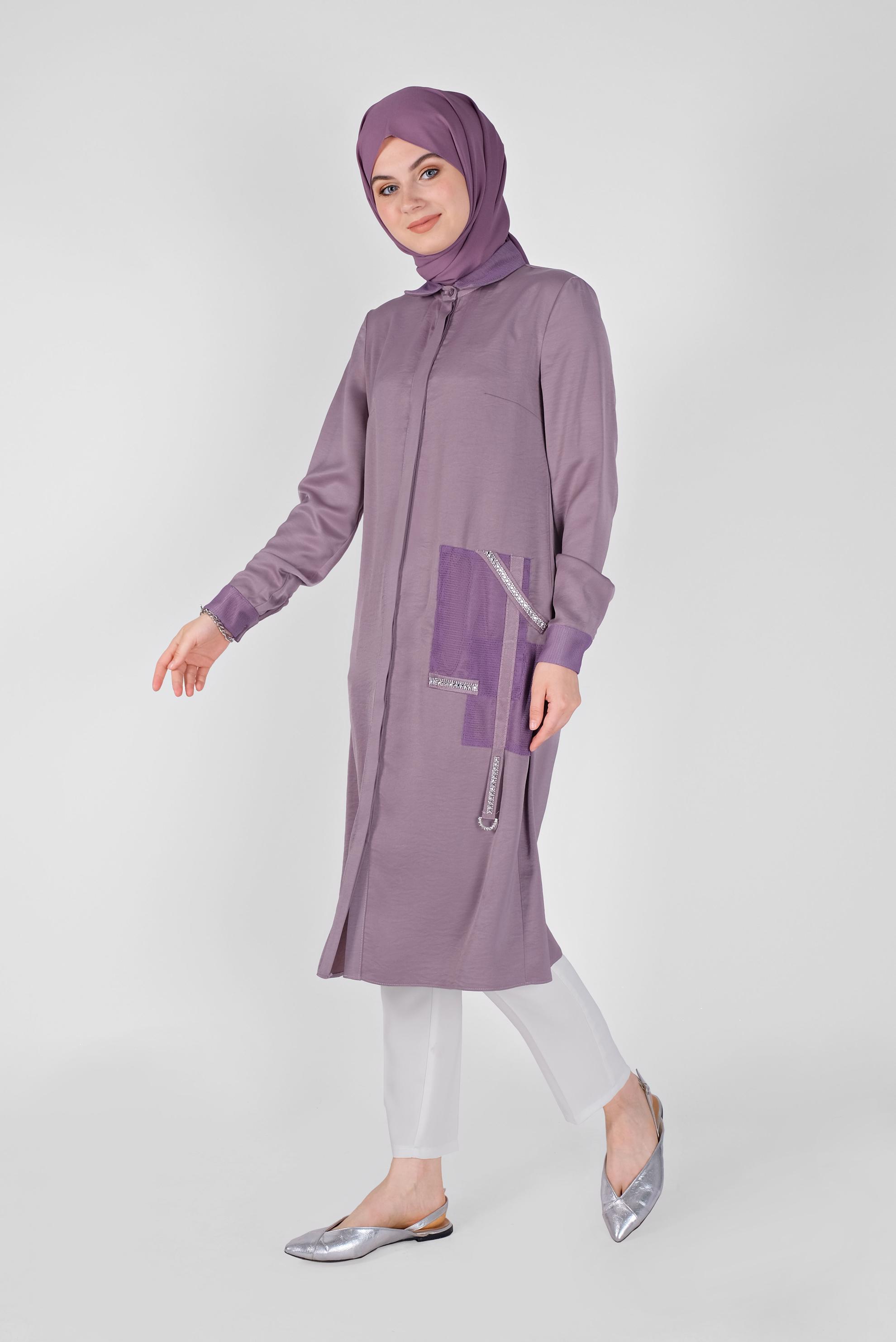 Tesettür giyim MOR FİLE DETAYLI TAŞLI DÜĞMELİ TUNİK 41498  
