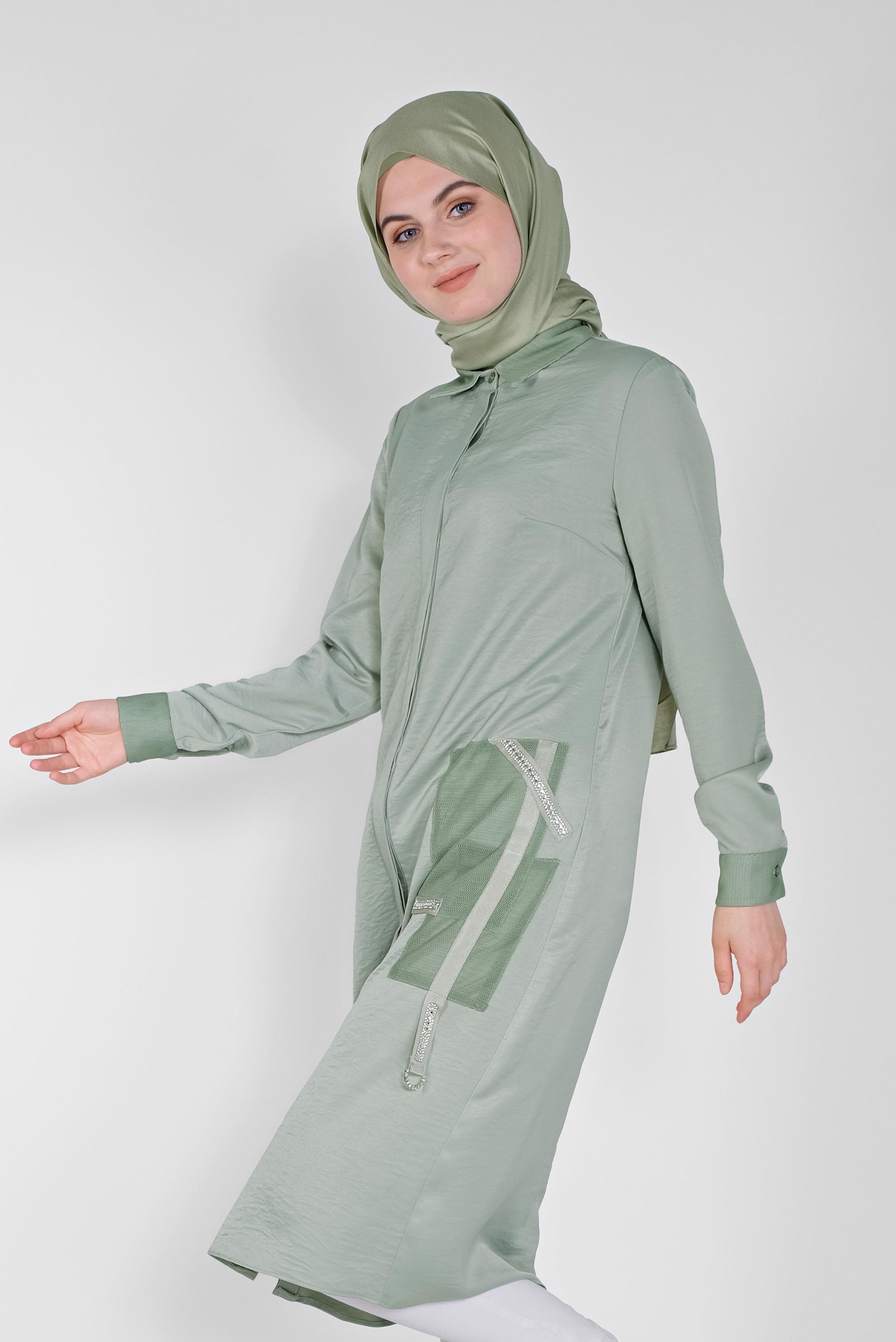 Tesettür giyim YEŞİL FİLE DETAYLI TAŞLI DÜĞMELİ TUNİK 41498  