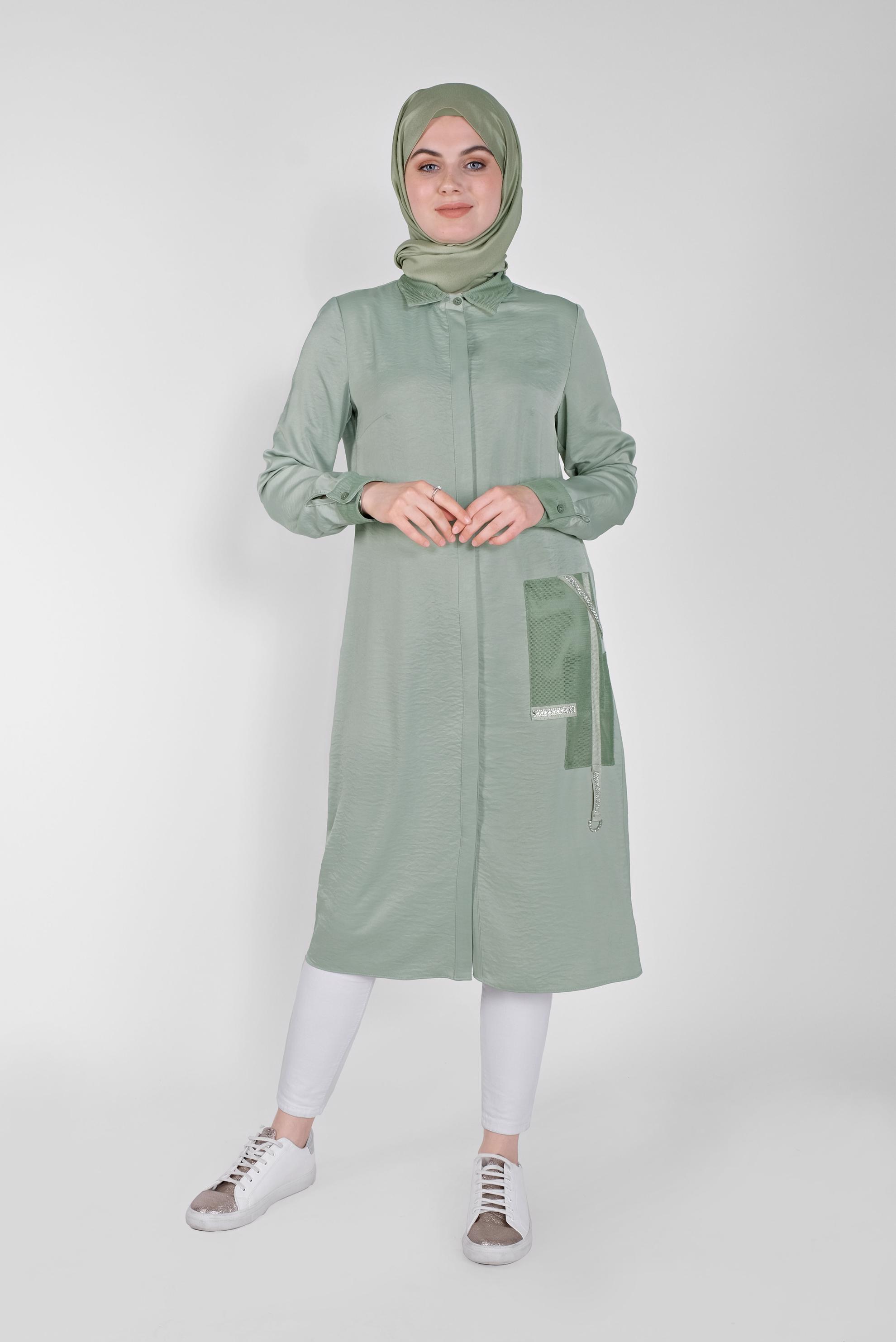 Tesettür giyim YEŞİL FİLE DETAYLI TAŞLI DÜĞMELİ TUNİK 41498  