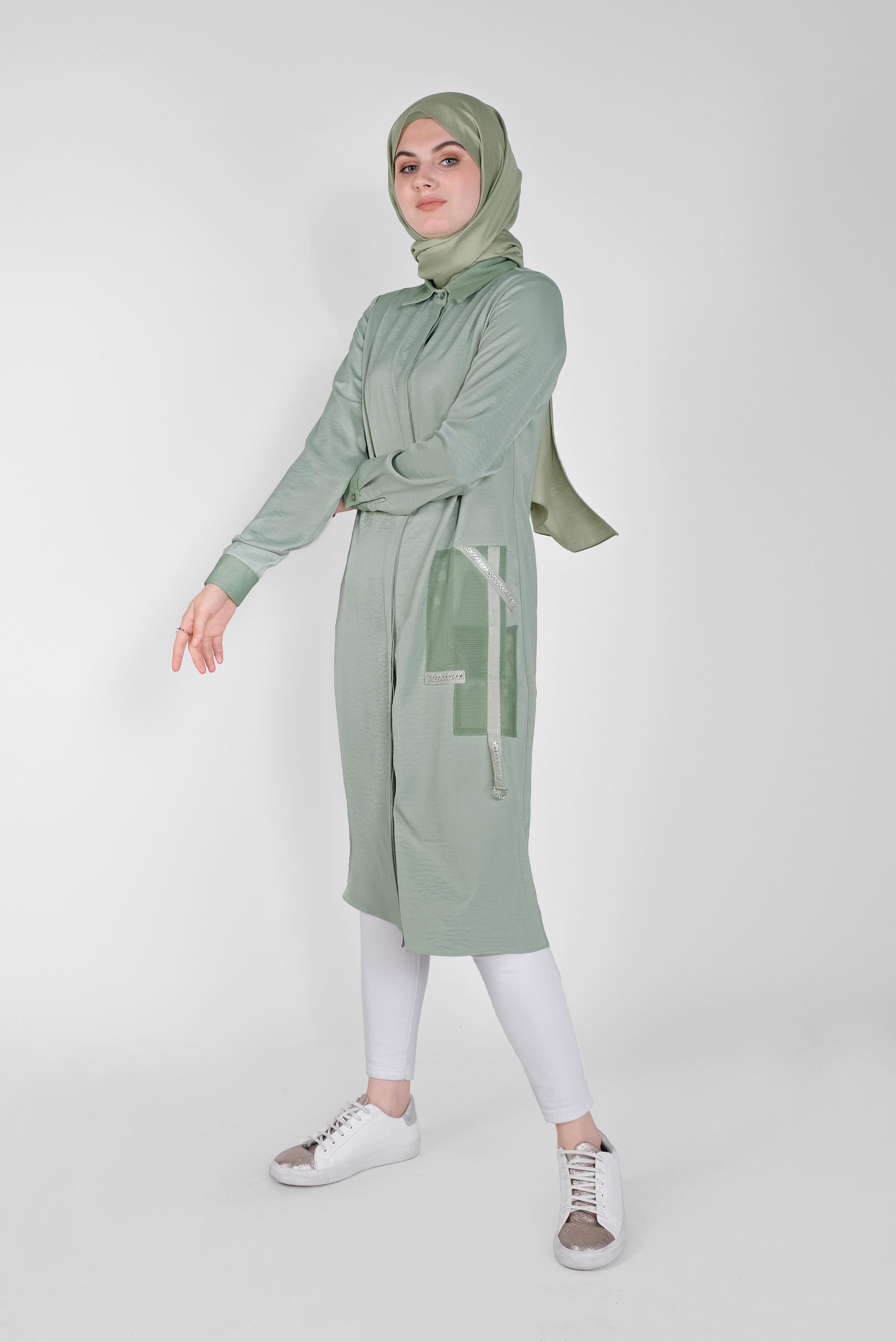 Tesettür giyim YEŞİL FİLE DETAYLI TAŞLI DÜĞMELİ TUNİK 41498  