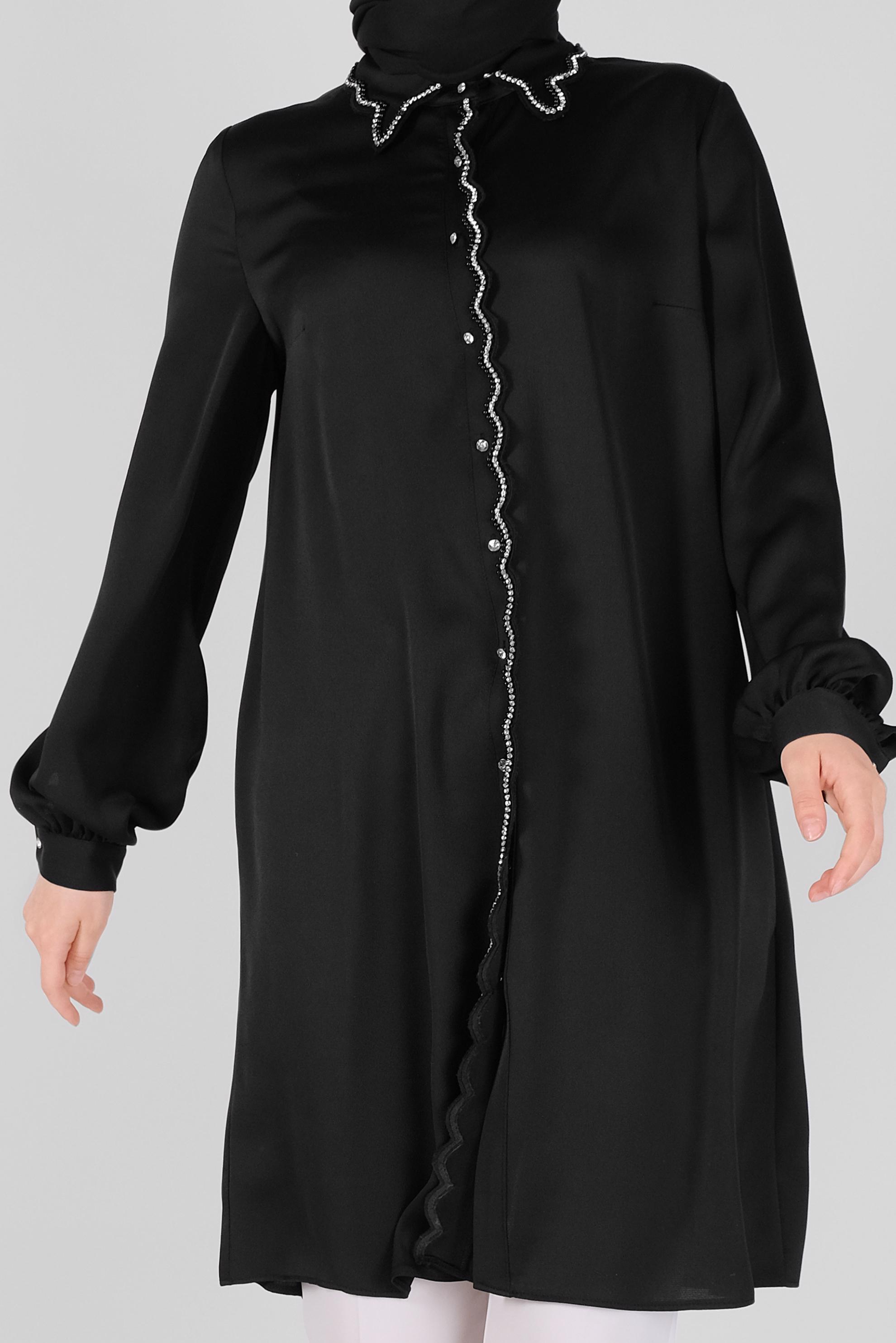 Tesettür giyim SİYAH BONCUKLU TAŞLI SATEN TUNİK 41499 