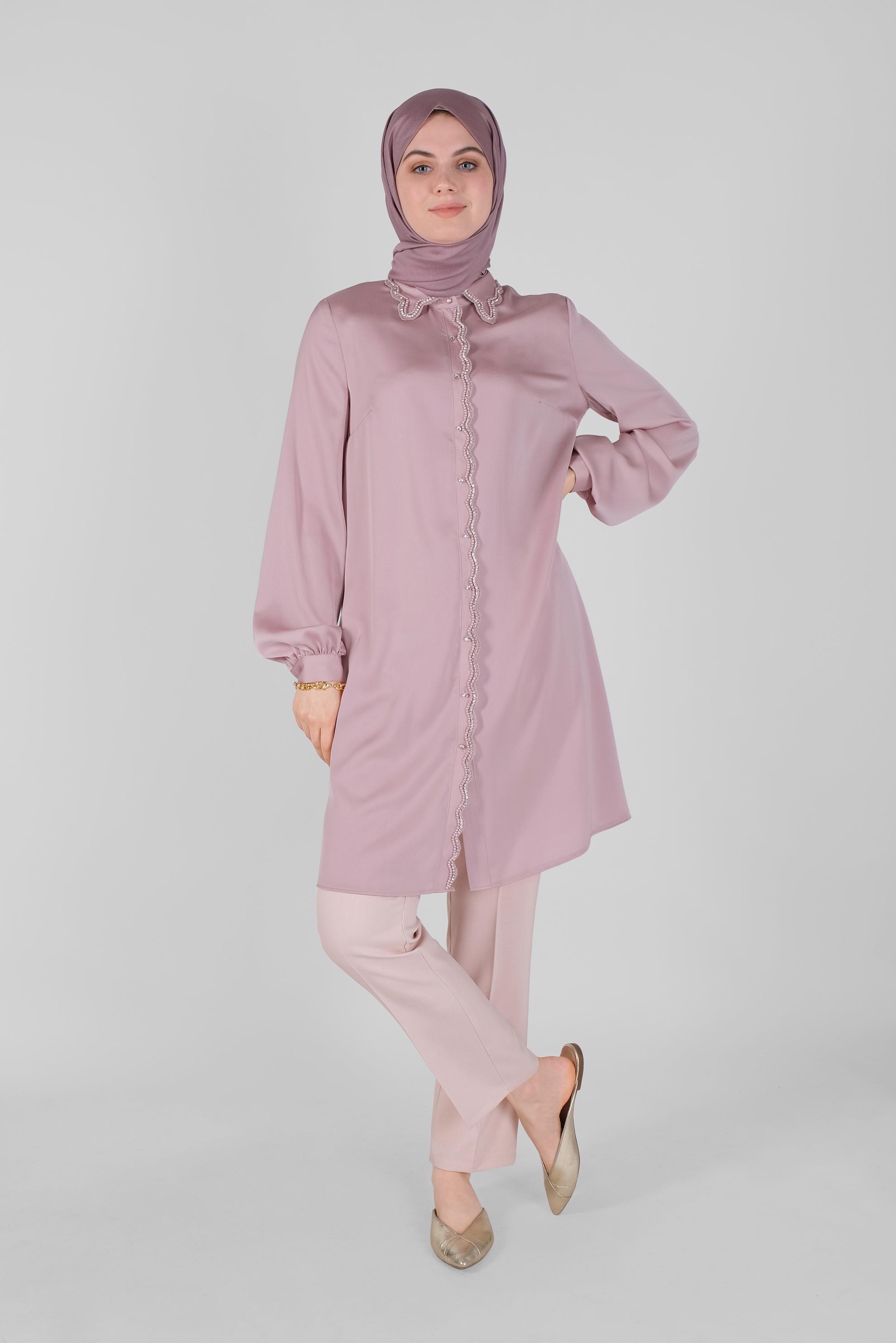 Tesettür giyim PUDRA BONCUKLU TAŞLI SATEN TUNİK 41499 