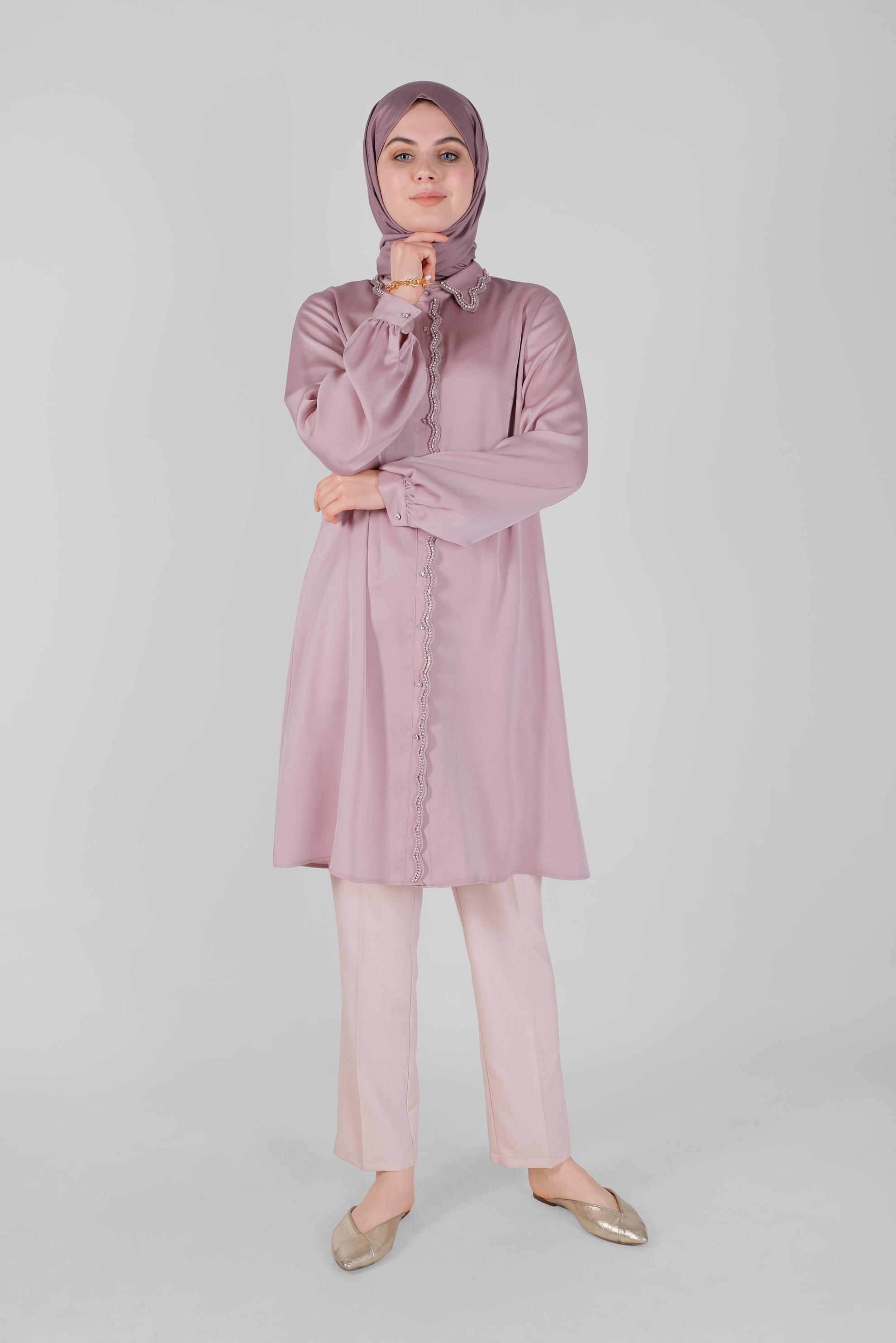 Tesettür giyim PUDRA BONCUKLU TAŞLI SATEN TUNİK 41499 