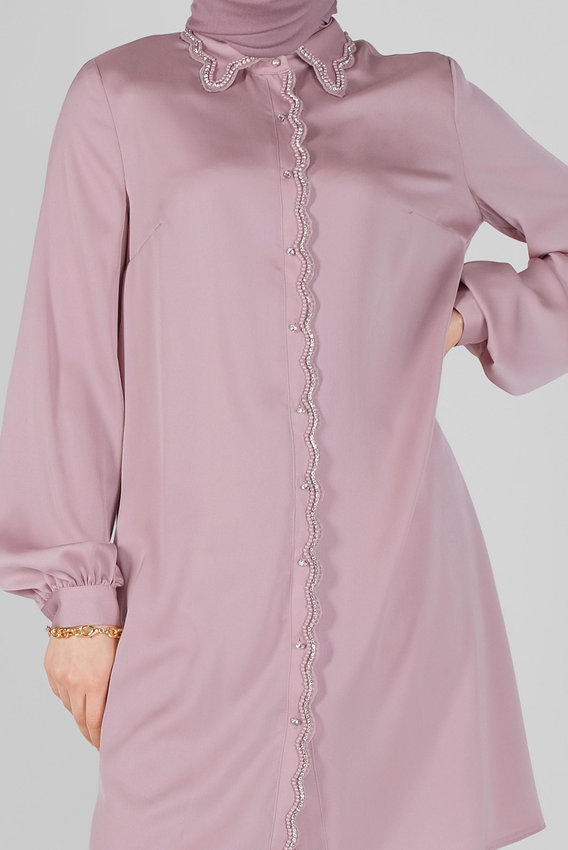 Tesettür giyim PUDRA BONCUKLU TAŞLI SATEN TUNİK 41499 