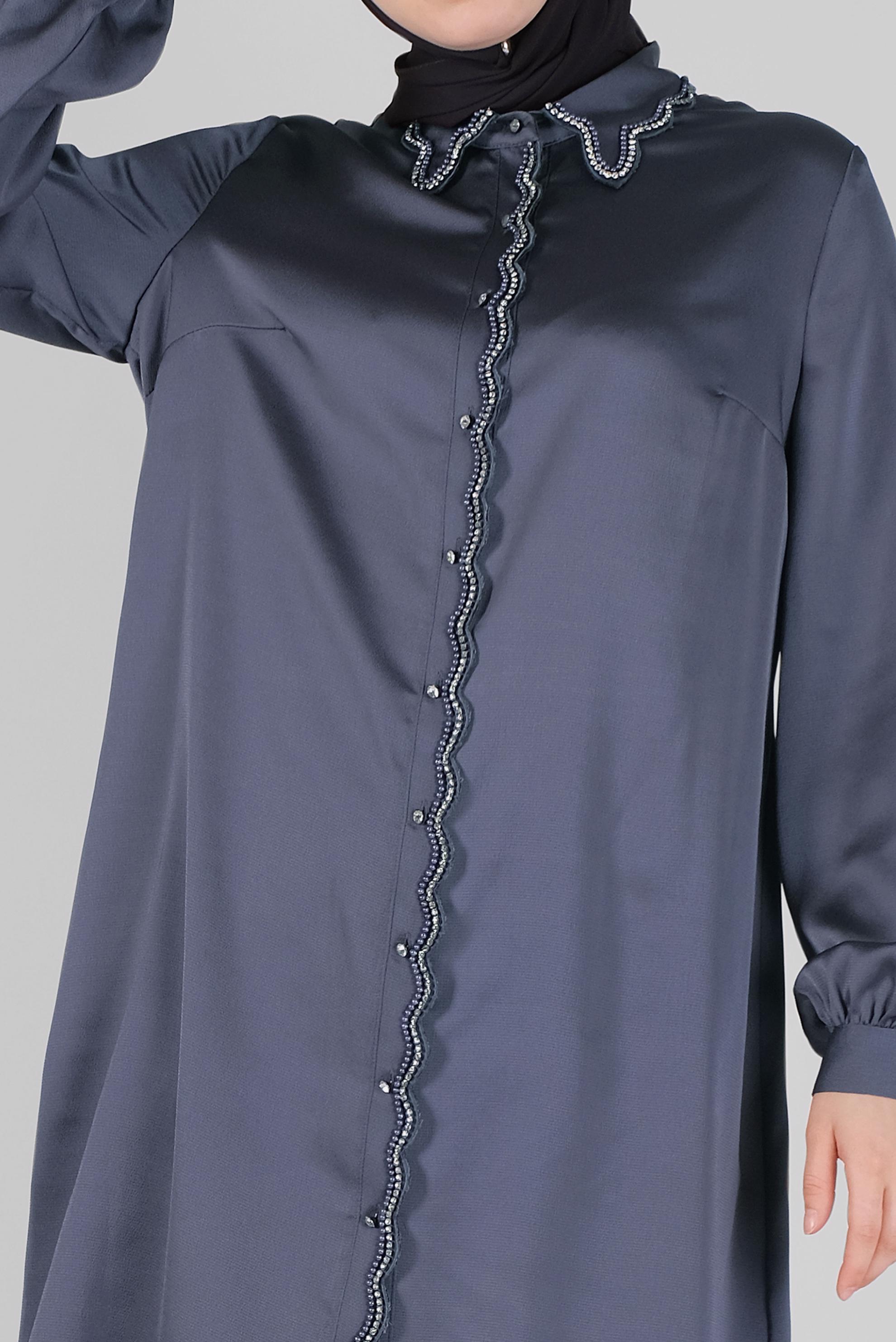 Tesettür giyim GRİ BONCUKLU TAŞLI SATEN TUNİK 41499 