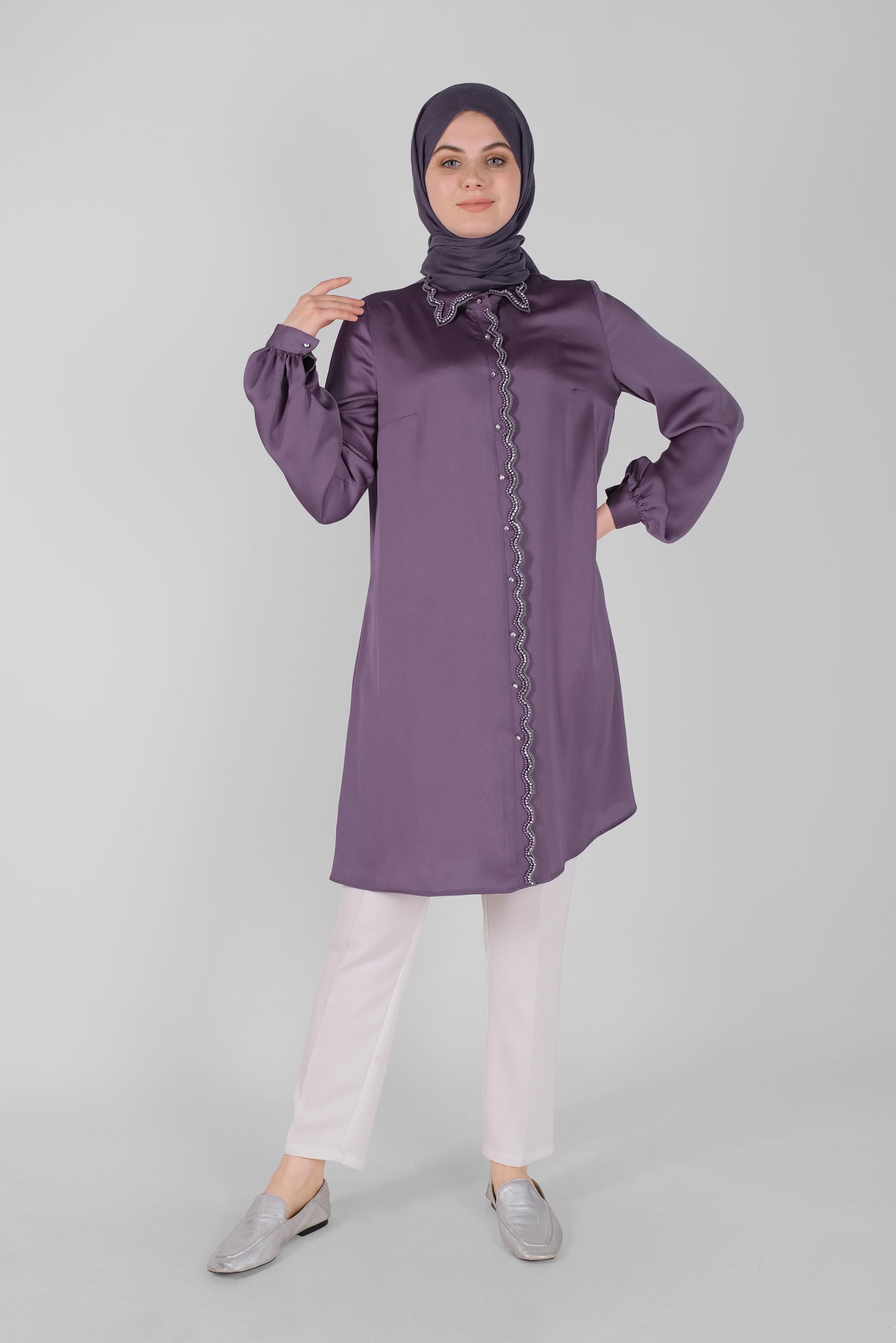 Tesettür giyim MOR BONCUKLU TAŞLI SATEN TUNİK 41499 