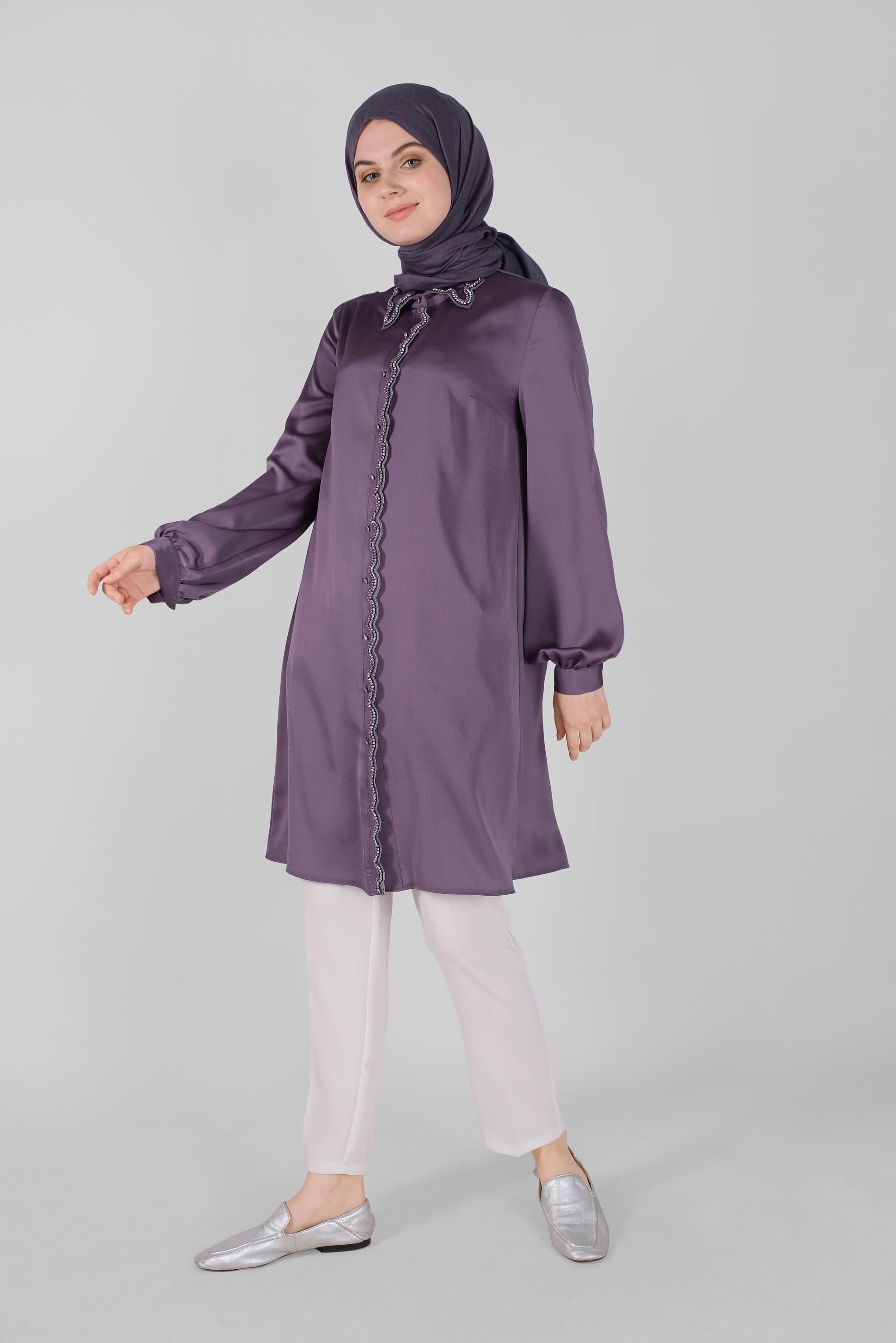 Tesettür giyim MOR BONCUKLU TAŞLI SATEN TUNİK 41499 