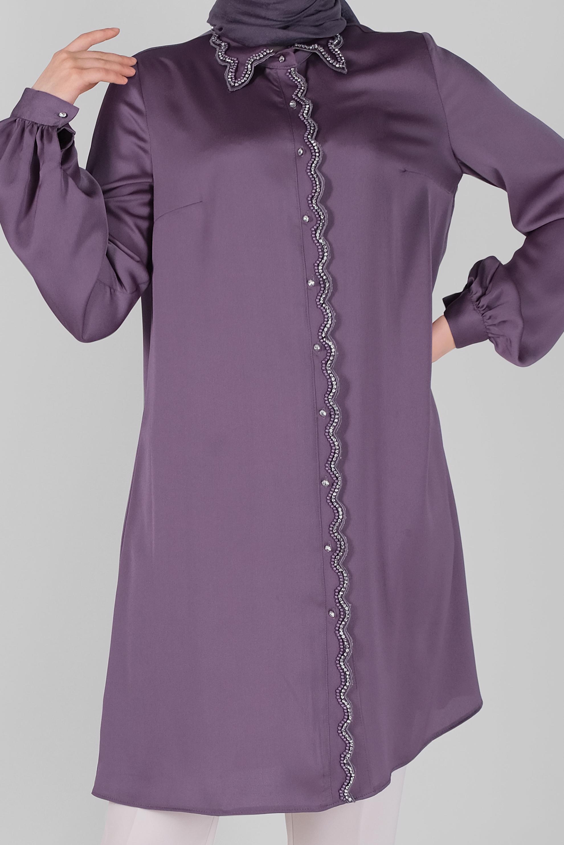 Tesettür giyim MOR BONCUKLU TAŞLI SATEN TUNİK 41499 