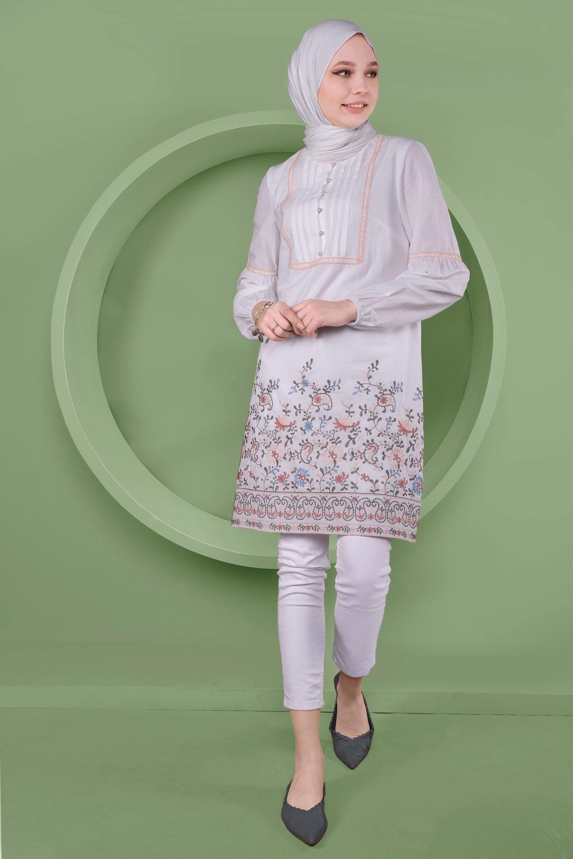 Tesettür giyim BEJ NAKIŞ İŞLEMELİ TUNİK 41504