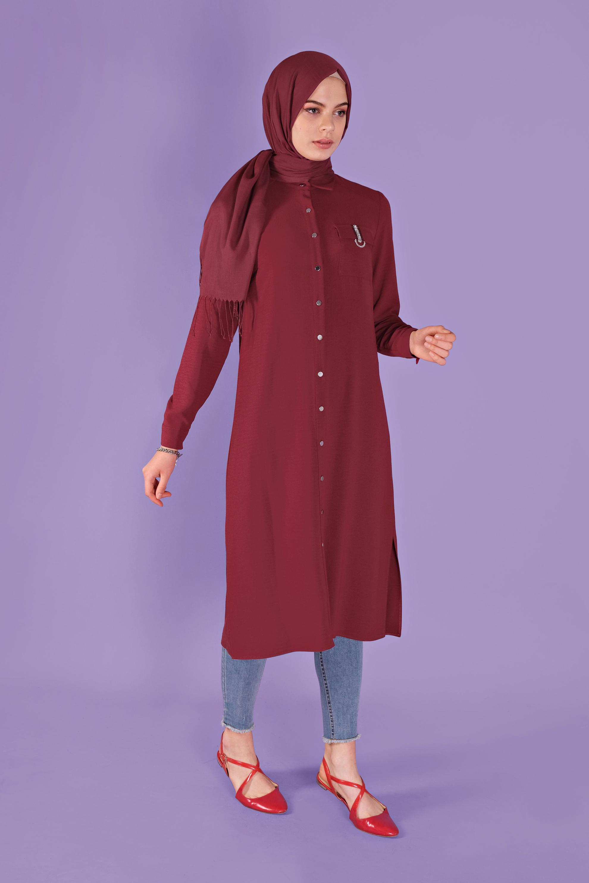 Tesettür giyim BORDO BOYDAN DÜĞMELİ TAŞLI  TUNİK 41505