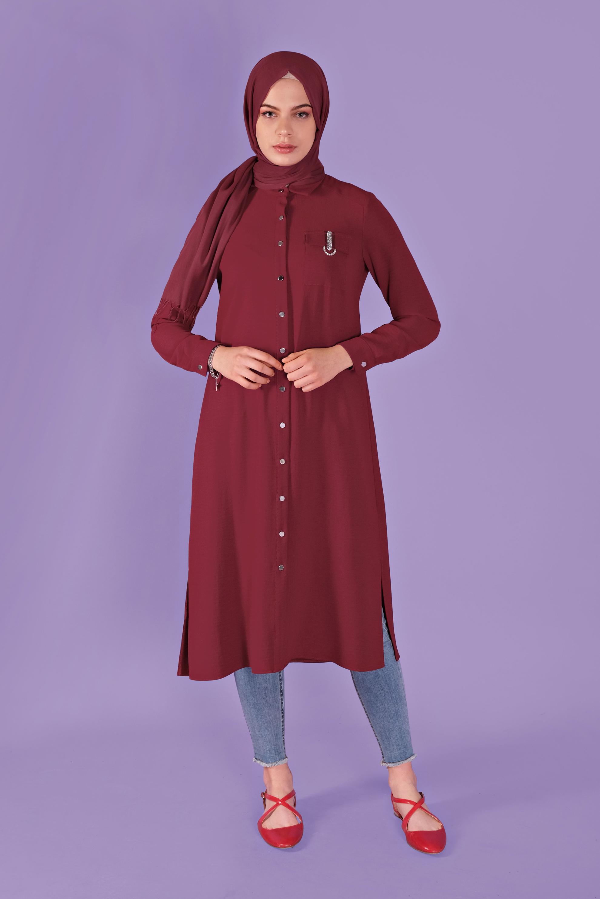Tesettür giyim BORDO BOYDAN DÜĞMELİ TAŞLI  TUNİK 41505