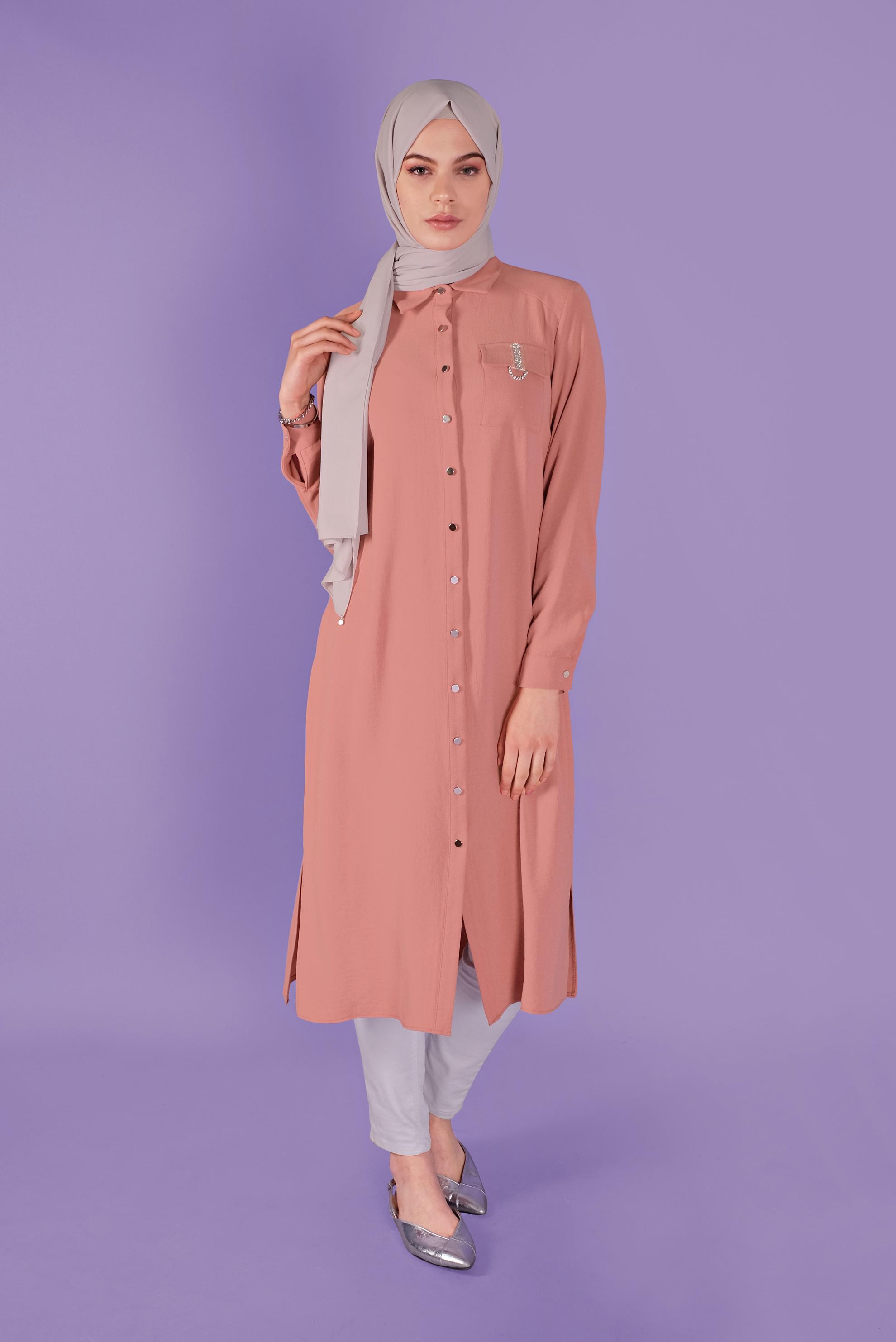 Tesettür giyim MERCAN BOYDAN DÜĞMELİ TAŞLI  TUNİK 41505