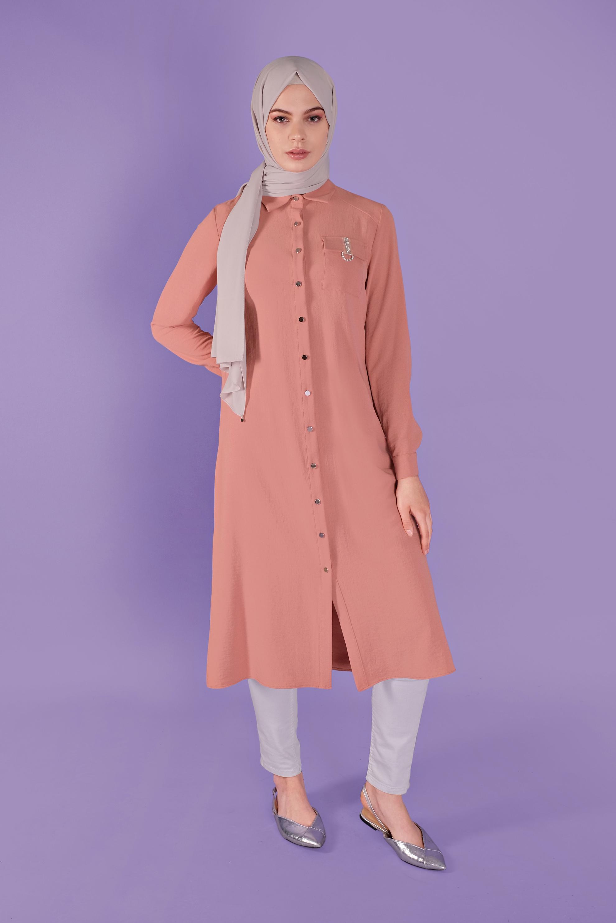 Tesettür giyim MERCAN BOYDAN DÜĞMELİ TAŞLI  TUNİK 41505