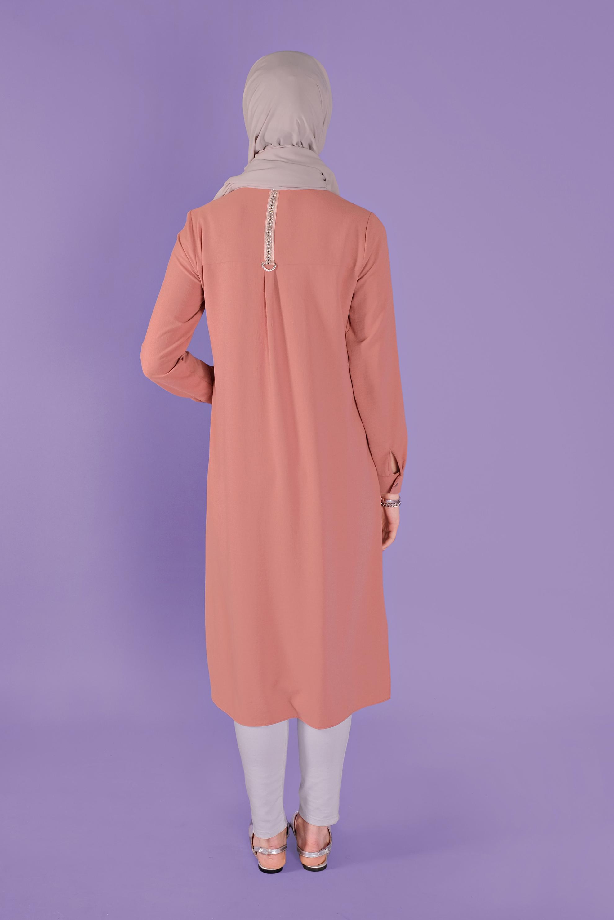 Tesettür giyim MERCAN BOYDAN DÜĞMELİ TAŞLI  TUNİK 41505