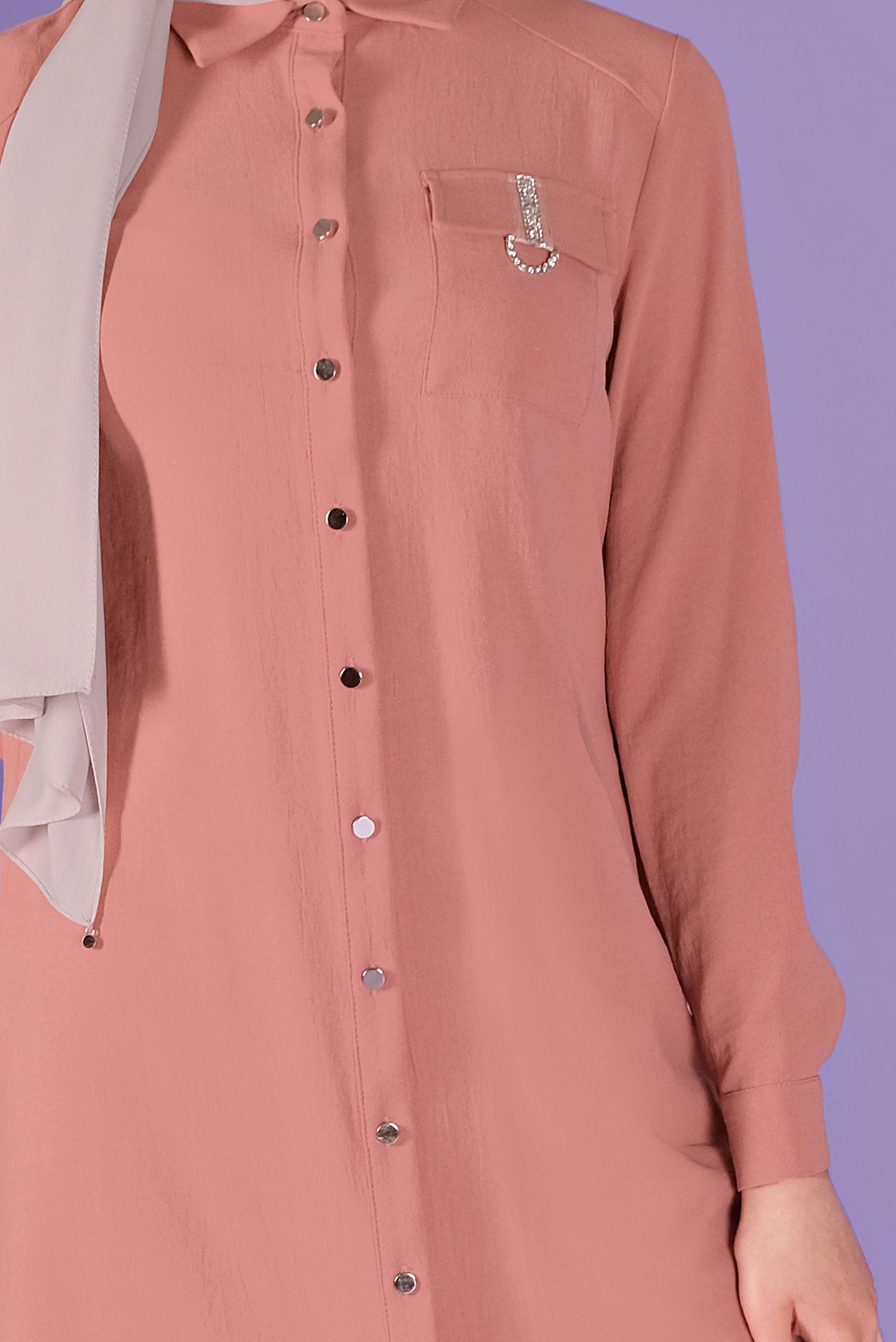 Tesettür giyim MERCAN BOYDAN DÜĞMELİ TAŞLI  TUNİK 41505