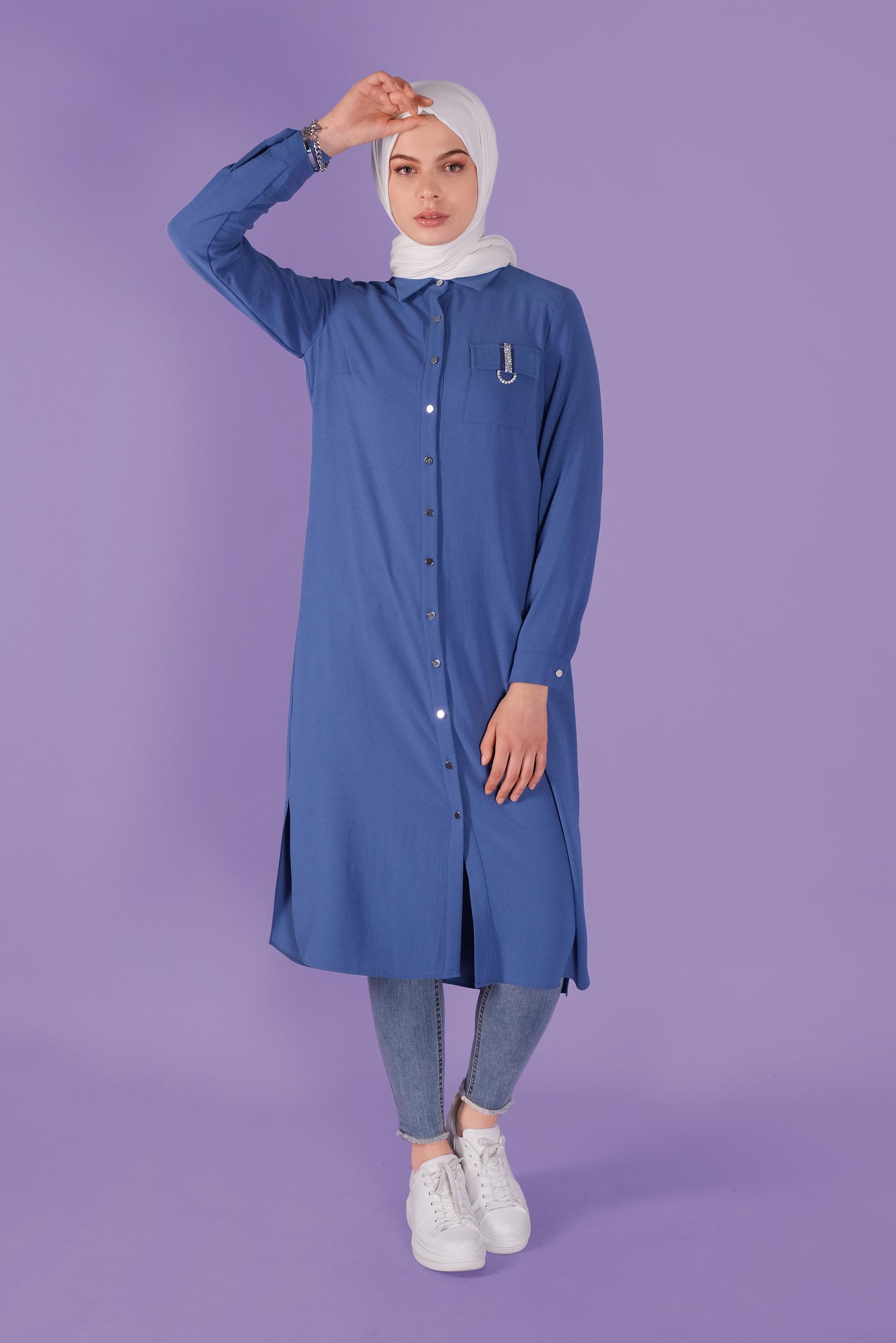 Tesettür giyim LACİVERT BOYDAN DÜĞMELİ TAŞLI  TUNİK 41505