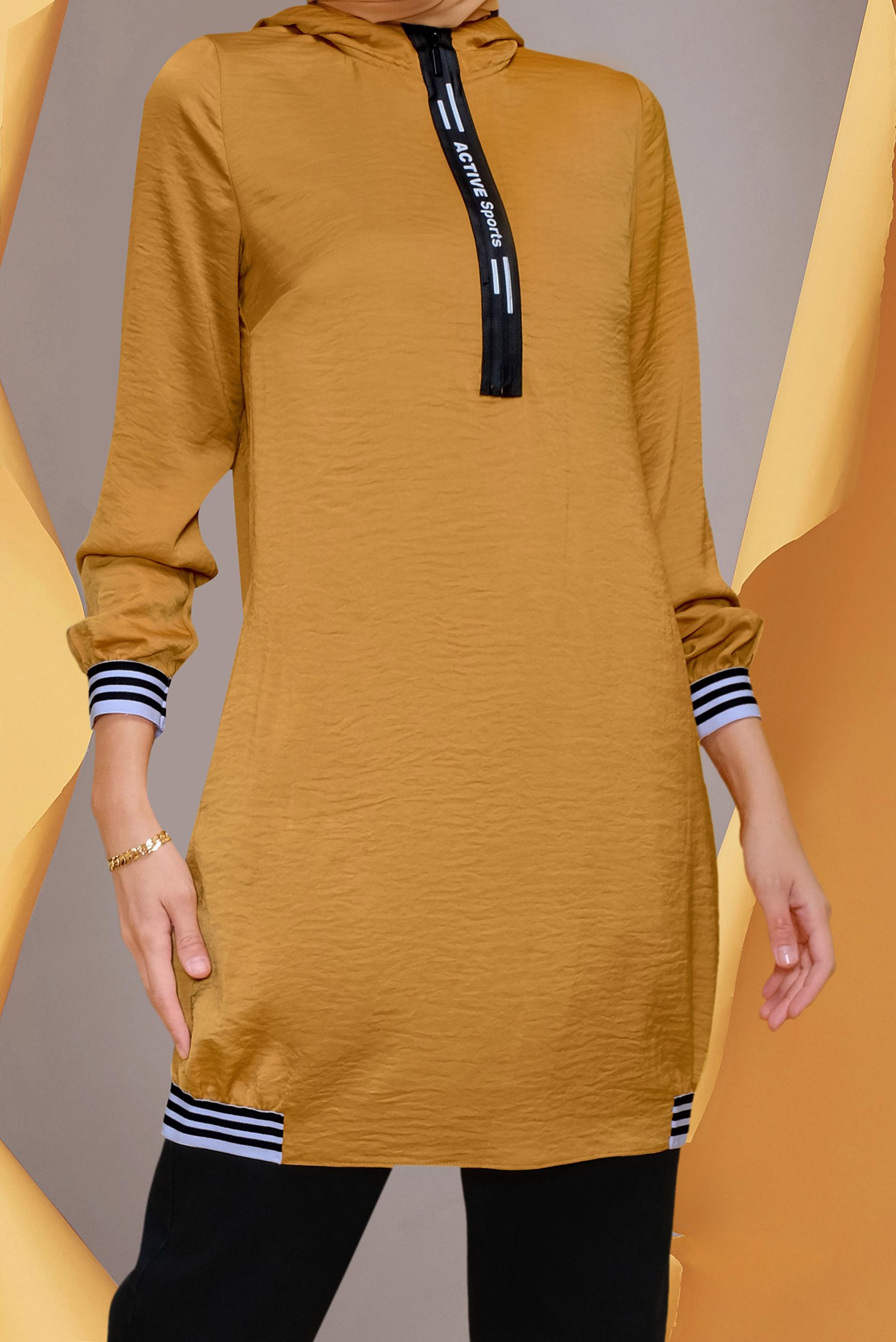 Tesettür giyim SARI KAPÜŞONLU SATEN AEROBİN TUNİK 41507 